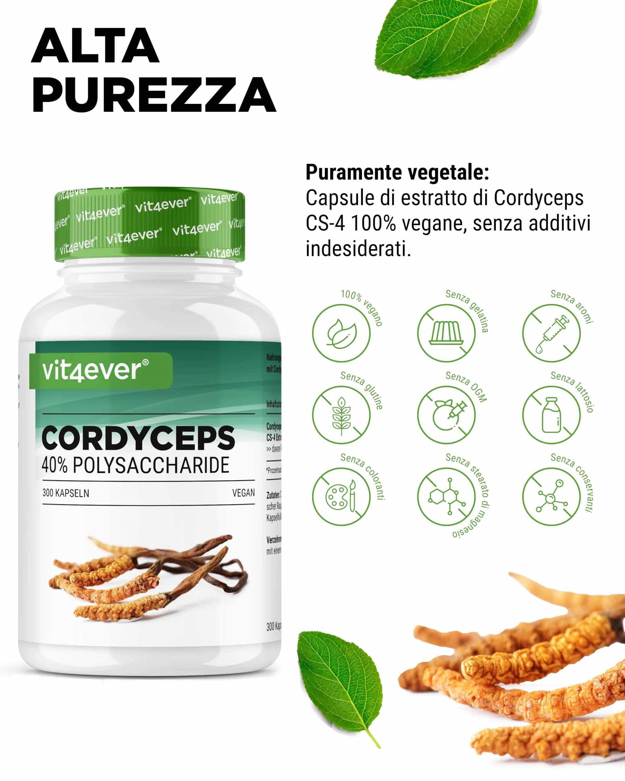 Fungo Cordyceps - 300 capsule con 650 mg di vero estratto CS-4-40% di polisaccaridi bioattivi - dose elevata - fungo bruco - vegano