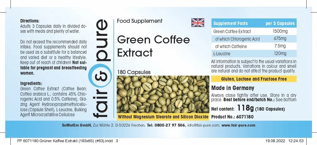 Fair & Pure Estratto di caffè verde 500mg 180 Capsule 45% acido clorogenico Vegano
