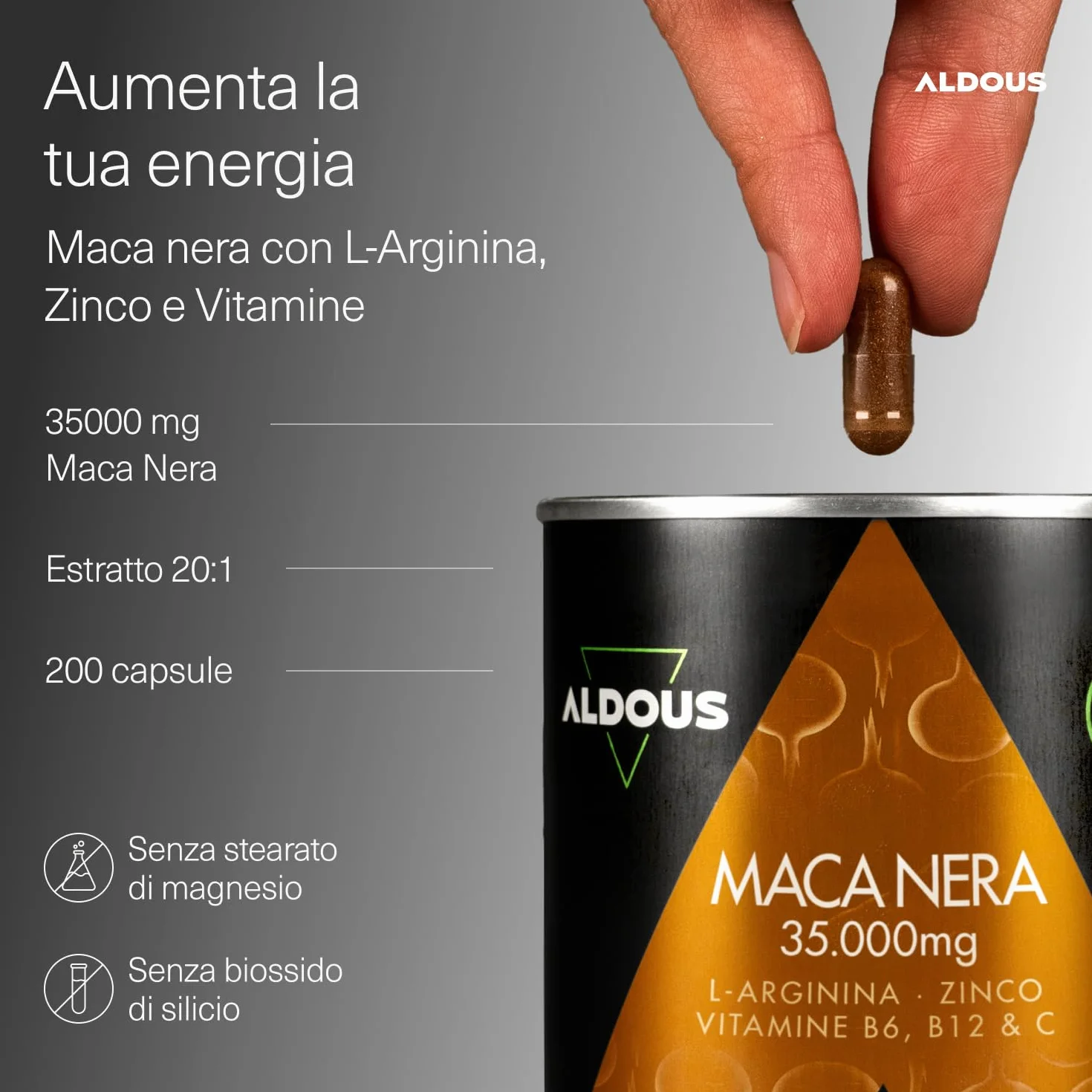 Maca Peruviana Nera Complex 35.000 mg - Estratto Alta Qualità 20:1-200 Capsule Maca Nera - Energia, Vitalità - Arginina, Zinco, Vitamine B6, B12, C - Vegan - ALDOUS