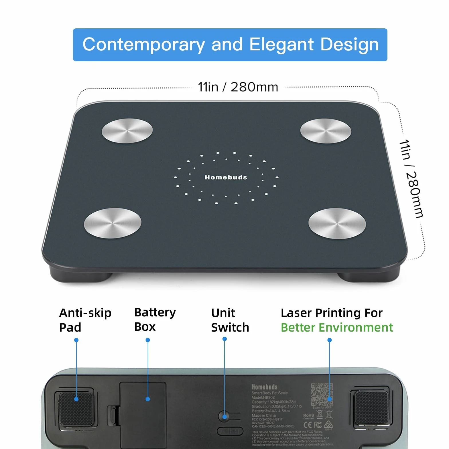 Homebuds Bilancia Pesapersone, Alta Precisione Assicurato Dalla Fabbrica Professionale di Bilancia Pesapersone Digitale dal 2001, App Sync 13 Composizione Corporea, 182kg, LED, Blu