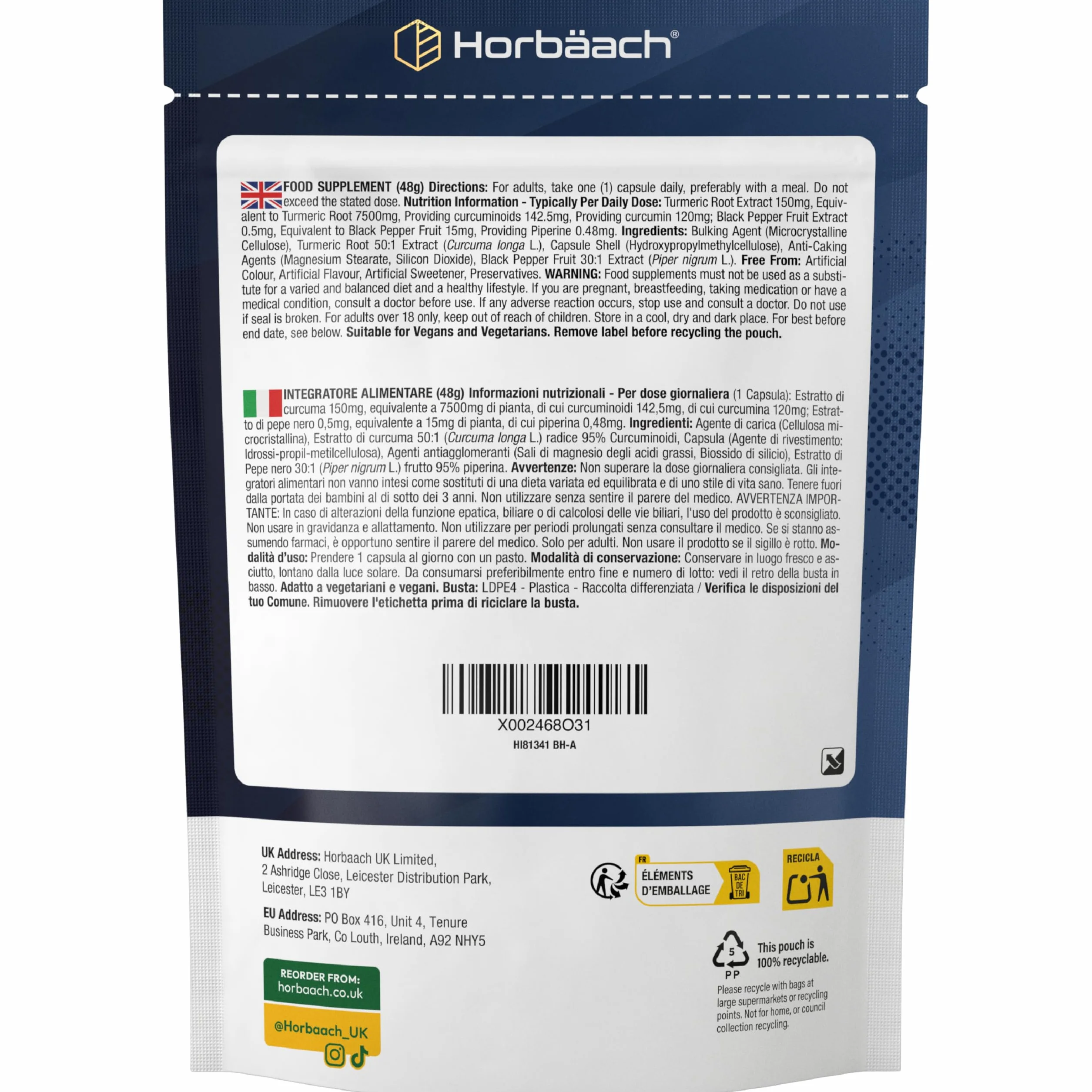 Curcuma Capsule 7500mg Horbaach Alta Dosaggio Curcumina e Piperina Turmeric and Black Pepper