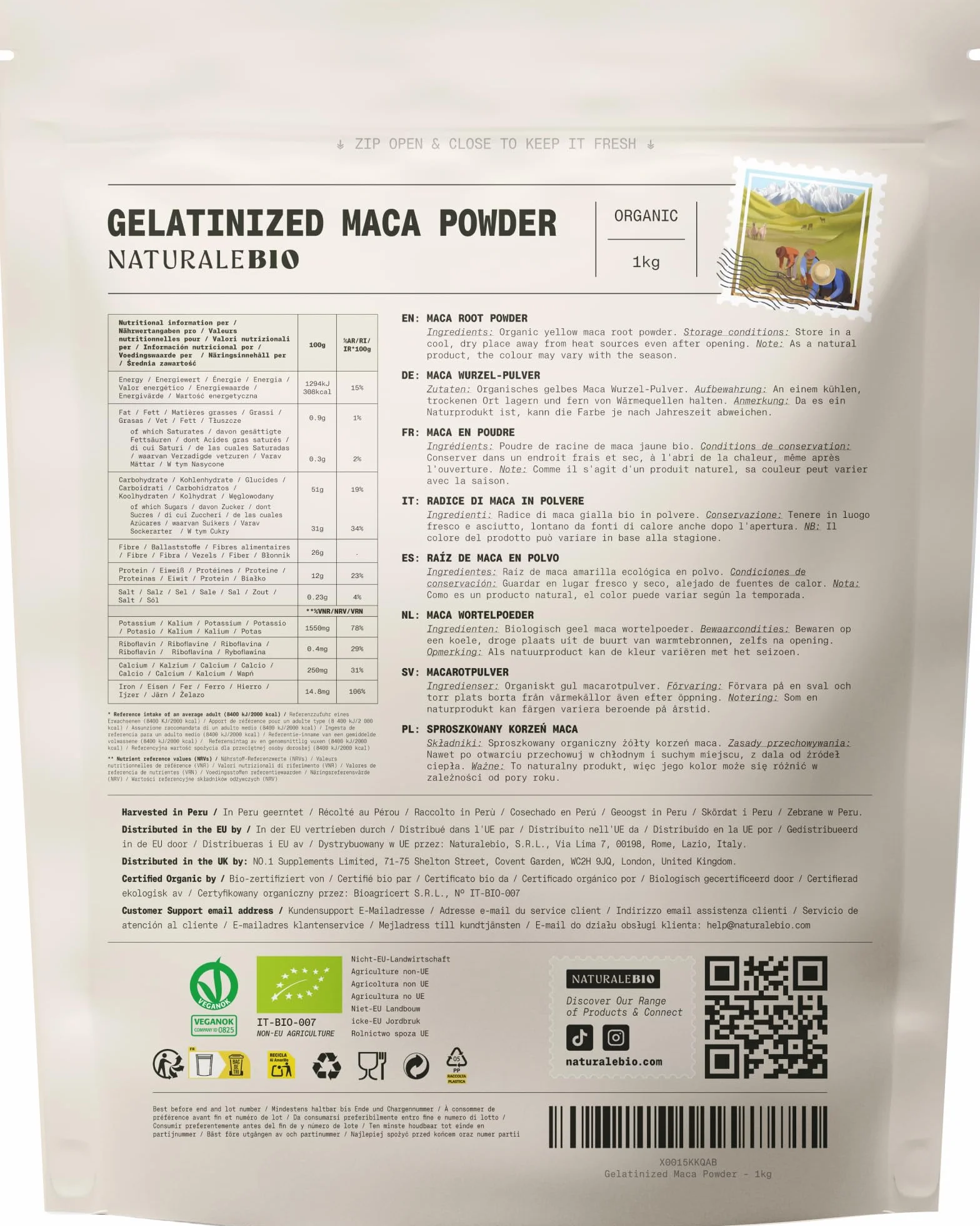NaturaleBio Maca Peruviana Biologica in Polvere 1 kg. Naturale e Pura, Prodotto in Perù dalla Radice di Maca Bio - Gelatinizzata