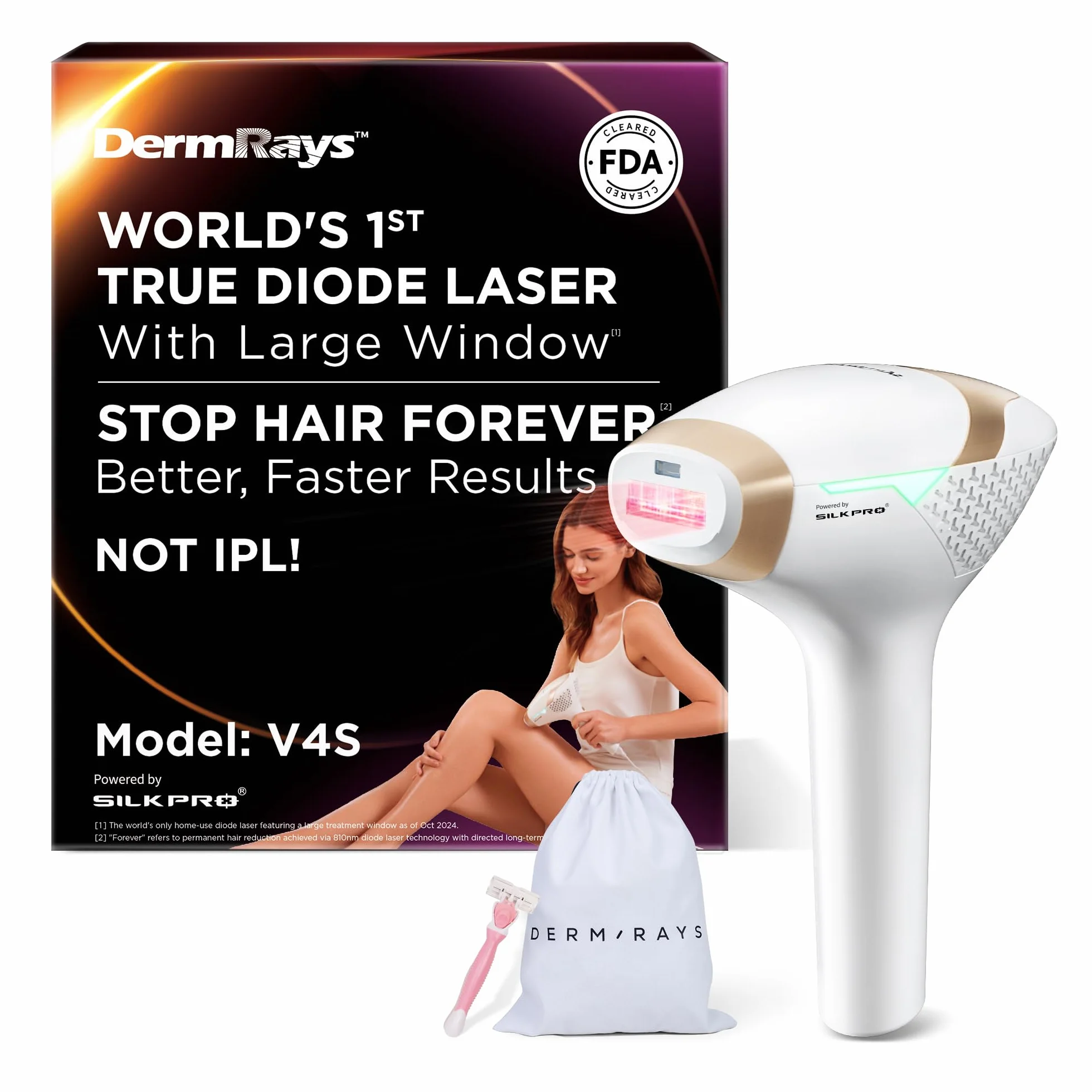 DermRays Depilazione laser a diodi 810 nm per donne e uomini, V4S per tinto 1-5, dispositivo per uso domestico approvato dalla FDA, sistema di depilazione ICE-Cooling, grandangolo