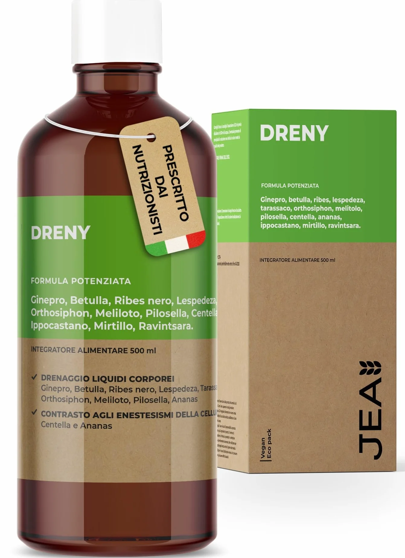 JEA DRENY Drenante Forte Anticellulite 500ml con 13 Estratti Naturali Detox Gambe e Corpo