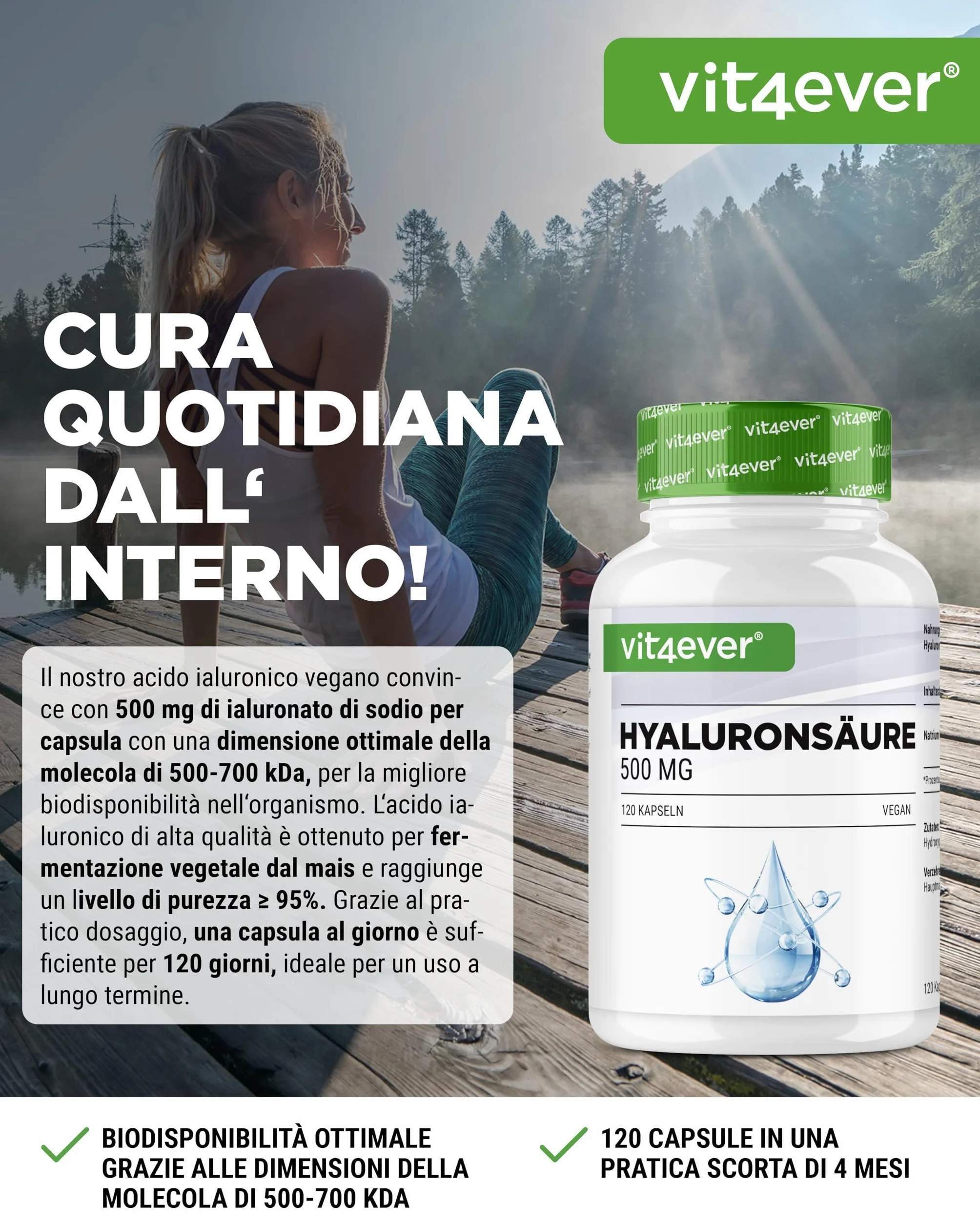 Acido Ialuronico 120 Capsule 500 mg 500-700 kDa Fermentazione Vegetale Vegano