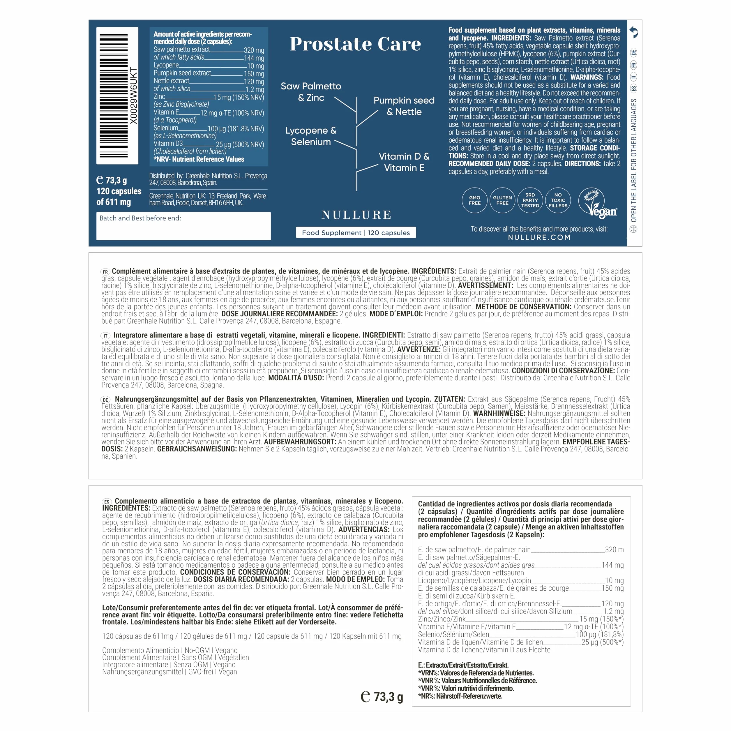 Nullure Saw Palmetto 320 mg Integratore Prostata Serenoa Repens Ortica Licopene Zucca 120 Caps Vegano