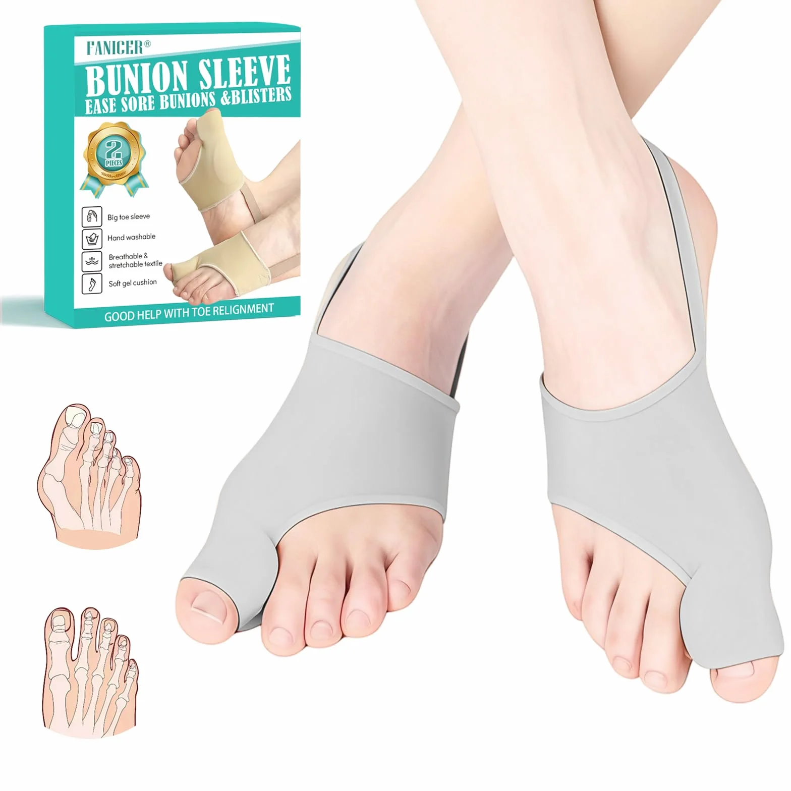Alluce Valgo Correttore Tutore Calzini con Cinturina Fissa Protezione Dita Piedi Divaricatore Grigio L