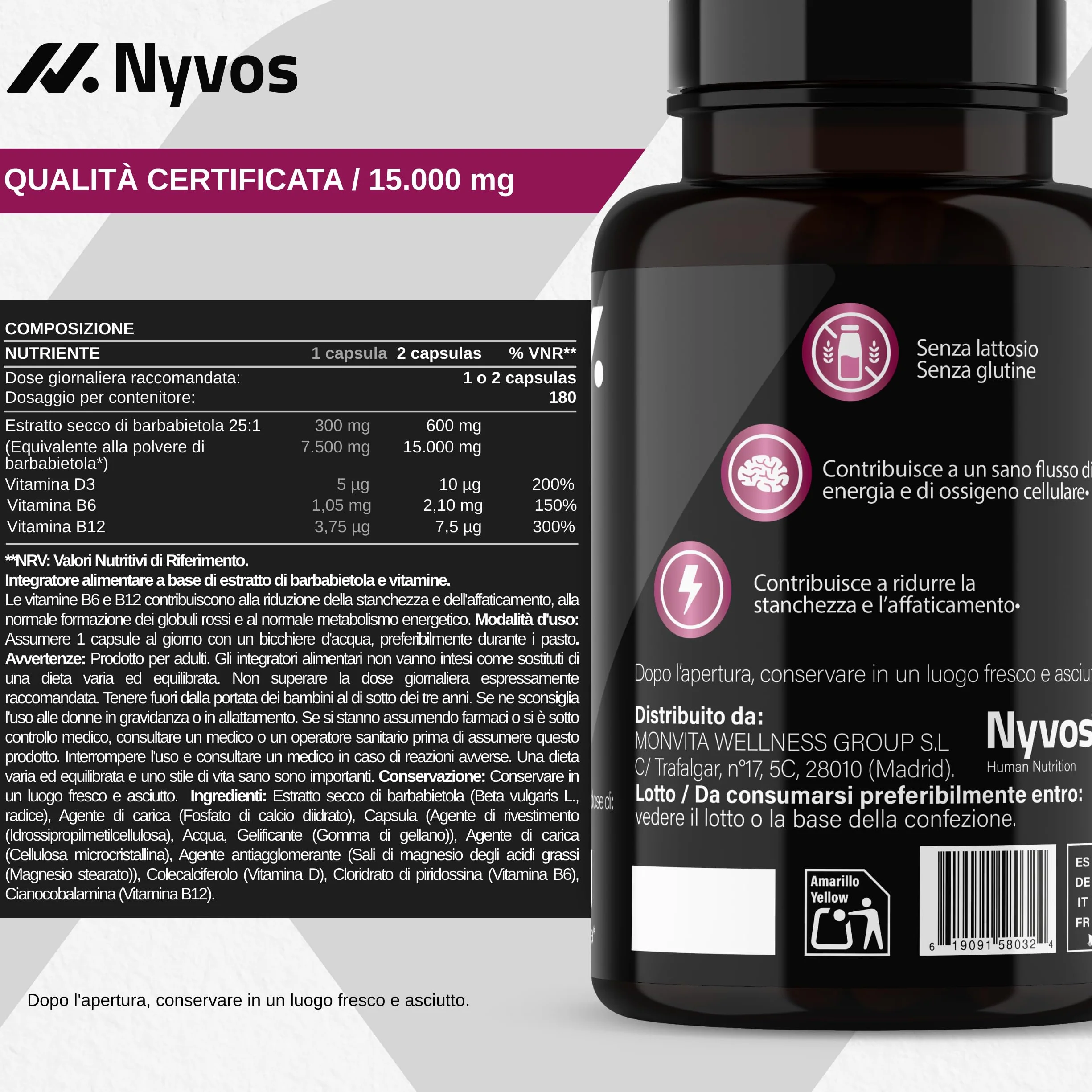 Barbabietola 25:1 180 Capsule Vegane Supporto Ossido Nitrico Nitrati Naturali Vitamine B6 B12 D Energia senza Caffeina