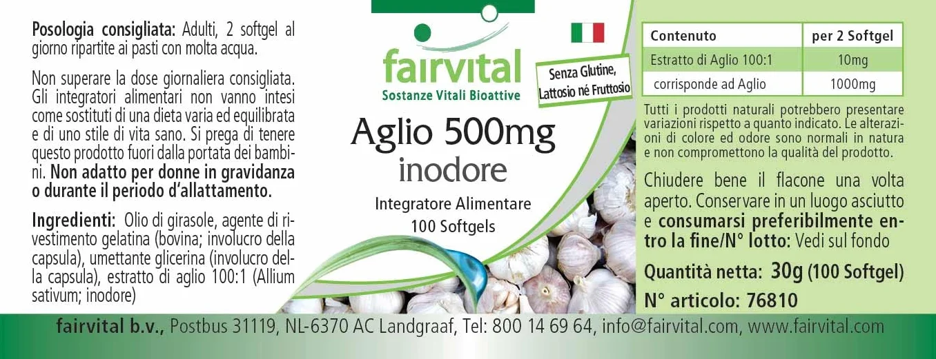 fairvital Capsule di aglio 500 mg, 100 softgel, facili da deglutire, contengono alliicina, estratto di aglio 100:1, ALTO DOSAGGIO e inodori