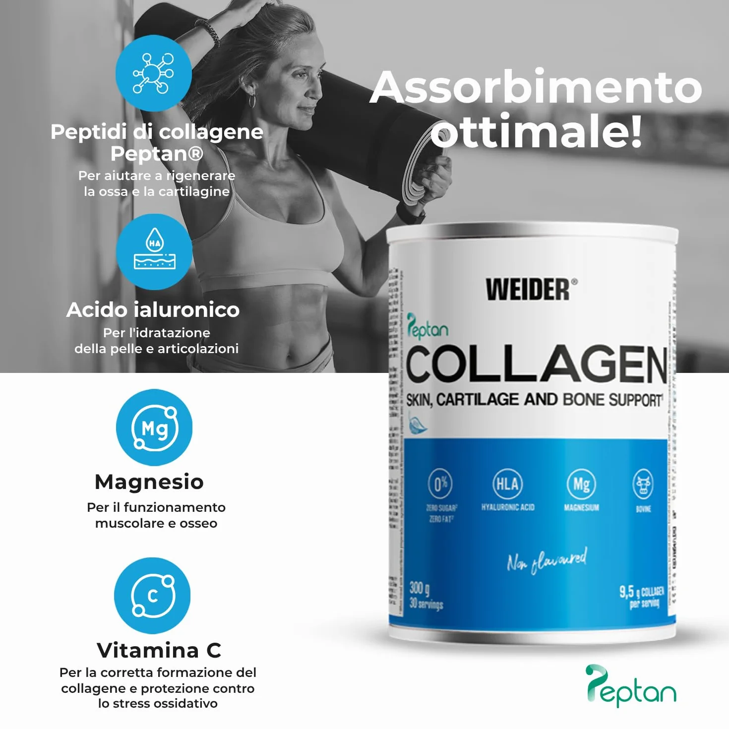 Weider Collagen 300g Collagene Bovino in Polvere con Acido Ialuronico, Magnesio e Vitamina C Peptidi di Collagene Peptan