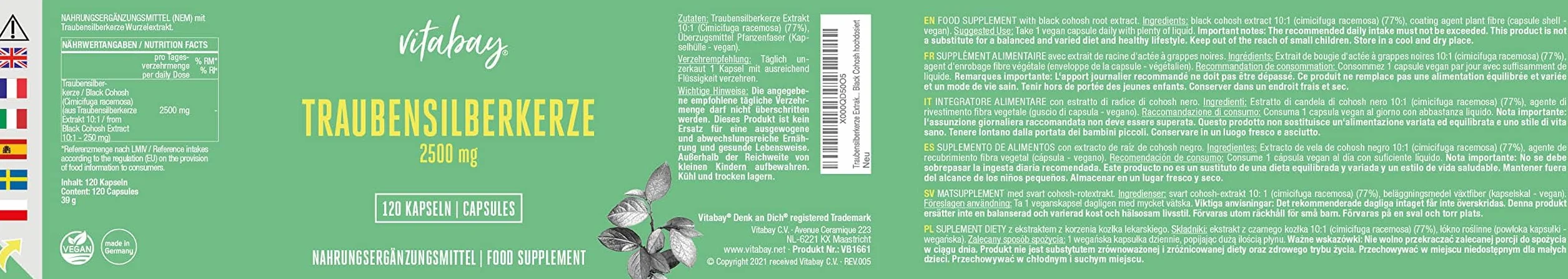 Vitabay Cimicifuga Racemosa 2.500 mg 120 capsule vegane estratto concentrato 5:1 rizoma