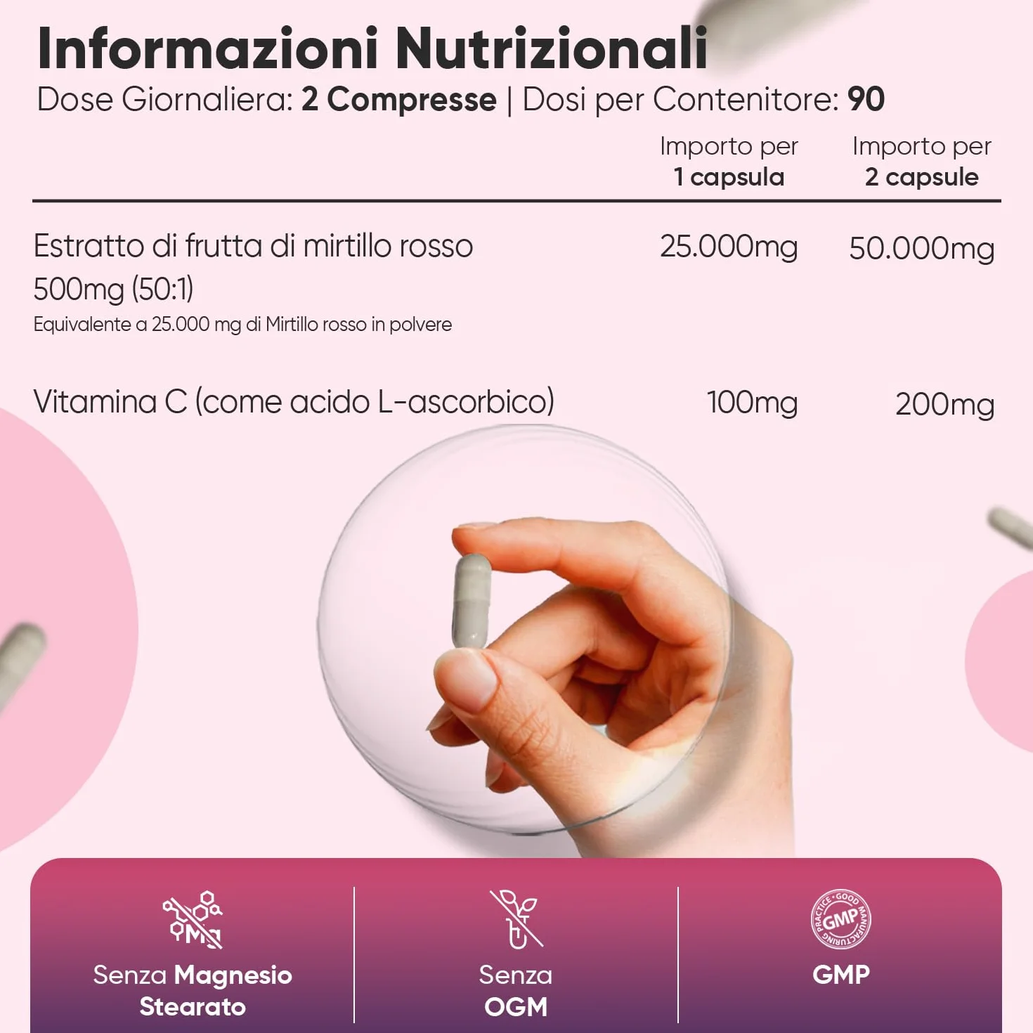 Mirtillo Rosso Vegano 180 Cranberry Capsule 25000mg per Capsula Integratore Alimentare Estratto 50:1 con Vitamina C
