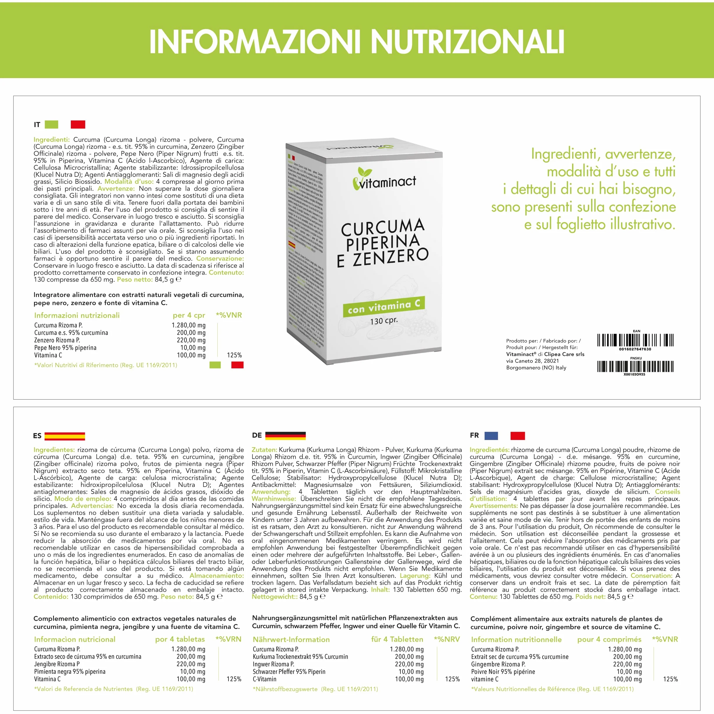 Curcuma Piperina Plus Zenzero Vitamina C 130 cpr Altissimo Dosaggio Naturale Estratto Curcuma 1280mg Curcumina 200mg Piperina 10mg Brucia Grassi Antinfiammatorio