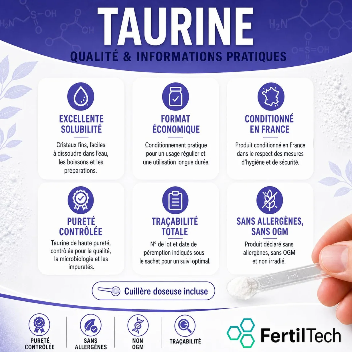 Taurina in Polvere 1,2 kg - Purezza ≥ 99,8% - Integratore alimentare Vegano