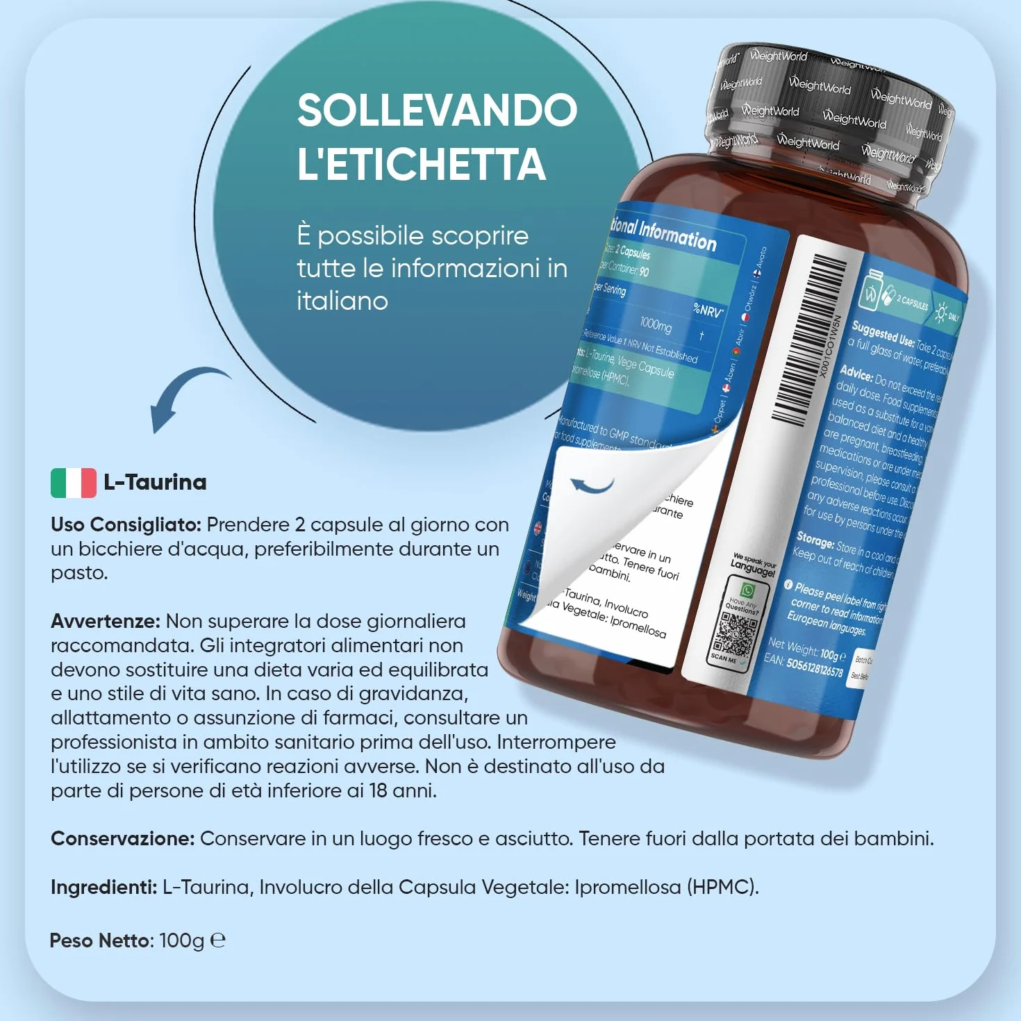Taurina Integratore 1000mg 180 Capsule Polvere Vegana Aminoacidi Essenziali Pre Workout Post Workout Prodotto in Europa