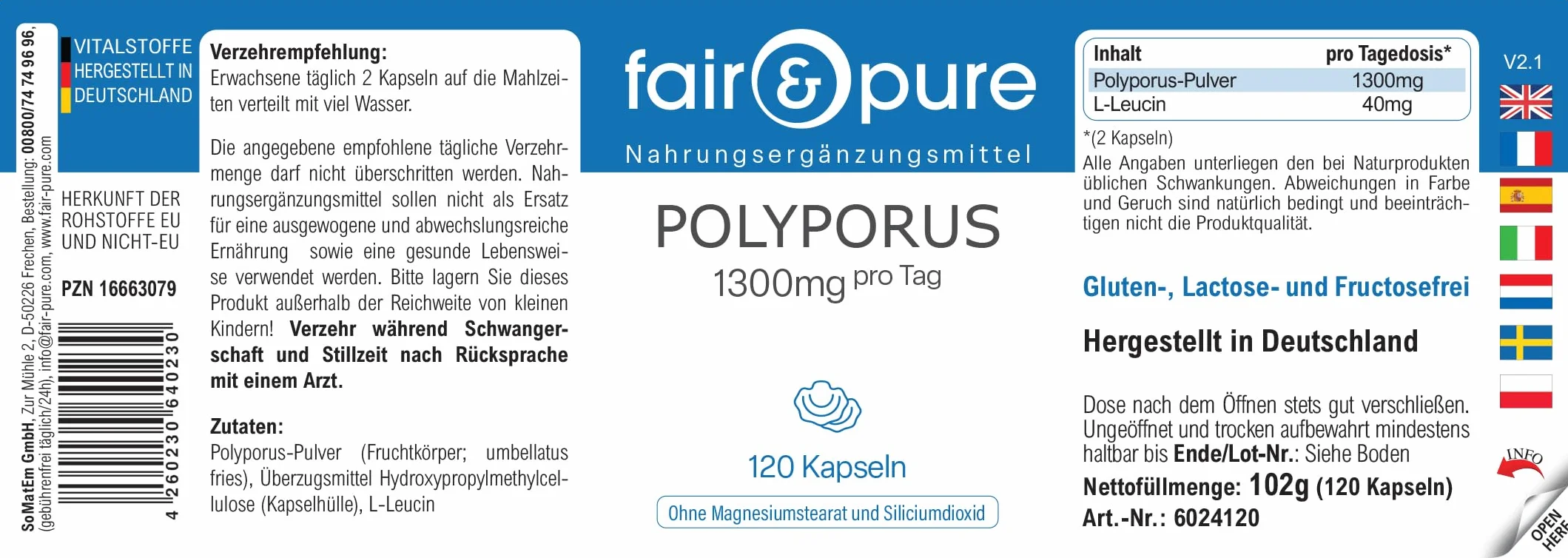 Fair & Pure® - Polyporus umbellatus - Polyporus 1300mg - Vegan - Polvere in capsule - 120 Capsule
