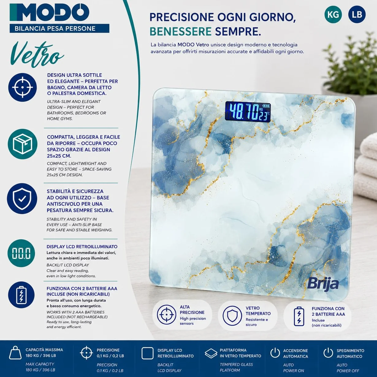 IPEA Bilancia Pesapersone Digitale Ultra Sottile Tecnologia STEP ON Massima Precisione Peso Effetto Marmo Vetro Temperato Display 0,1 KG Max 180Kg