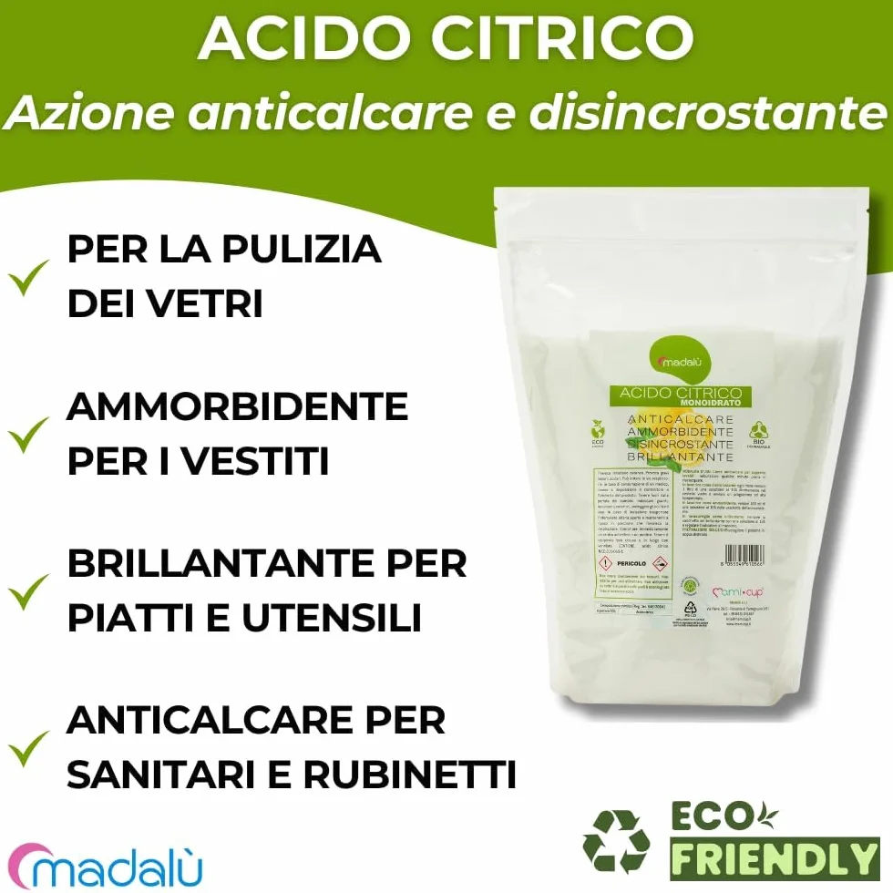 Kit Acido Citrico e Percarbonato di Sodio 1,5+1,5 Kg Sbiancante Bucato Anticalcare Antimuffa