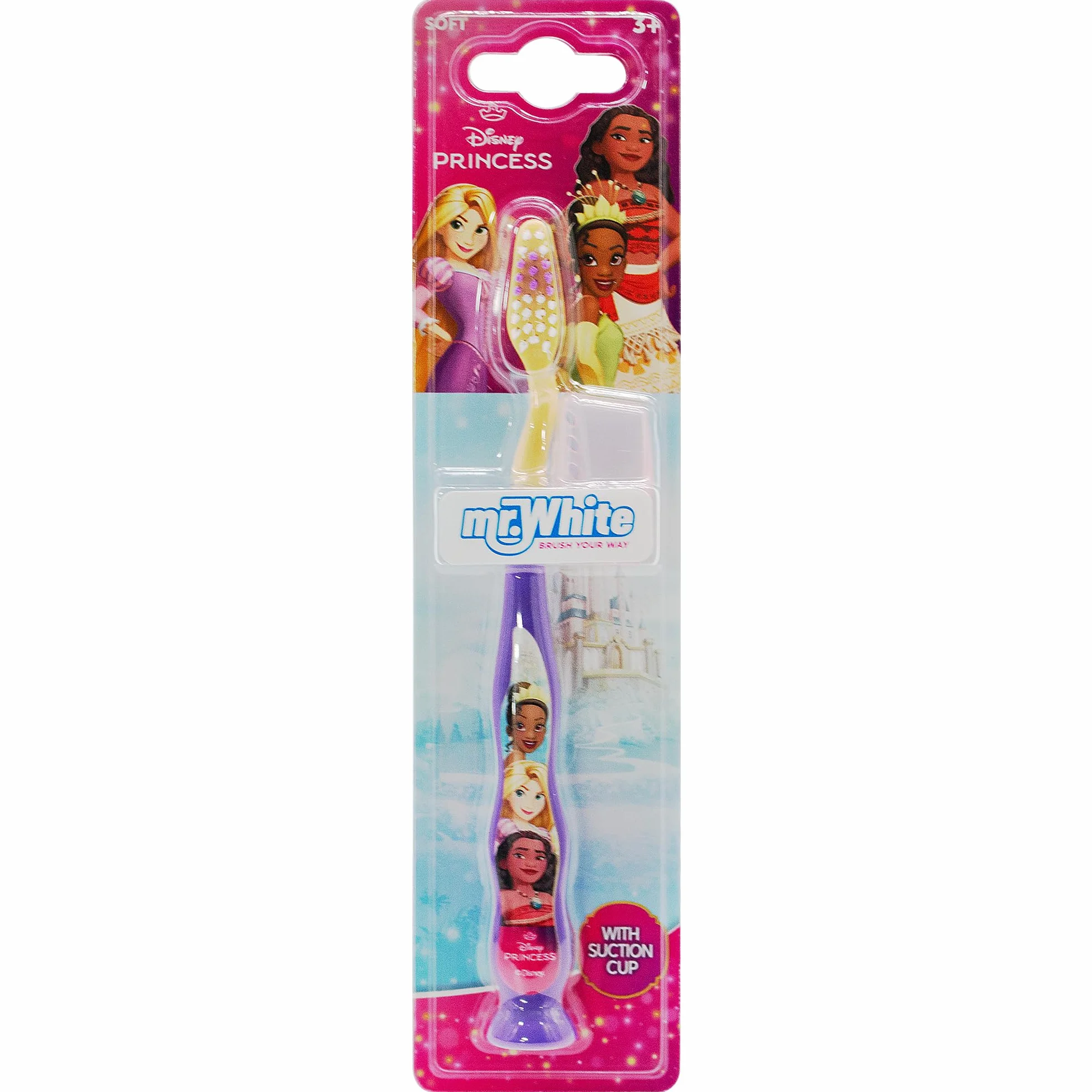 Spazzolino da denti Princess con tappo di protezione, ventosa, manico comodo e setole morbide per bambini