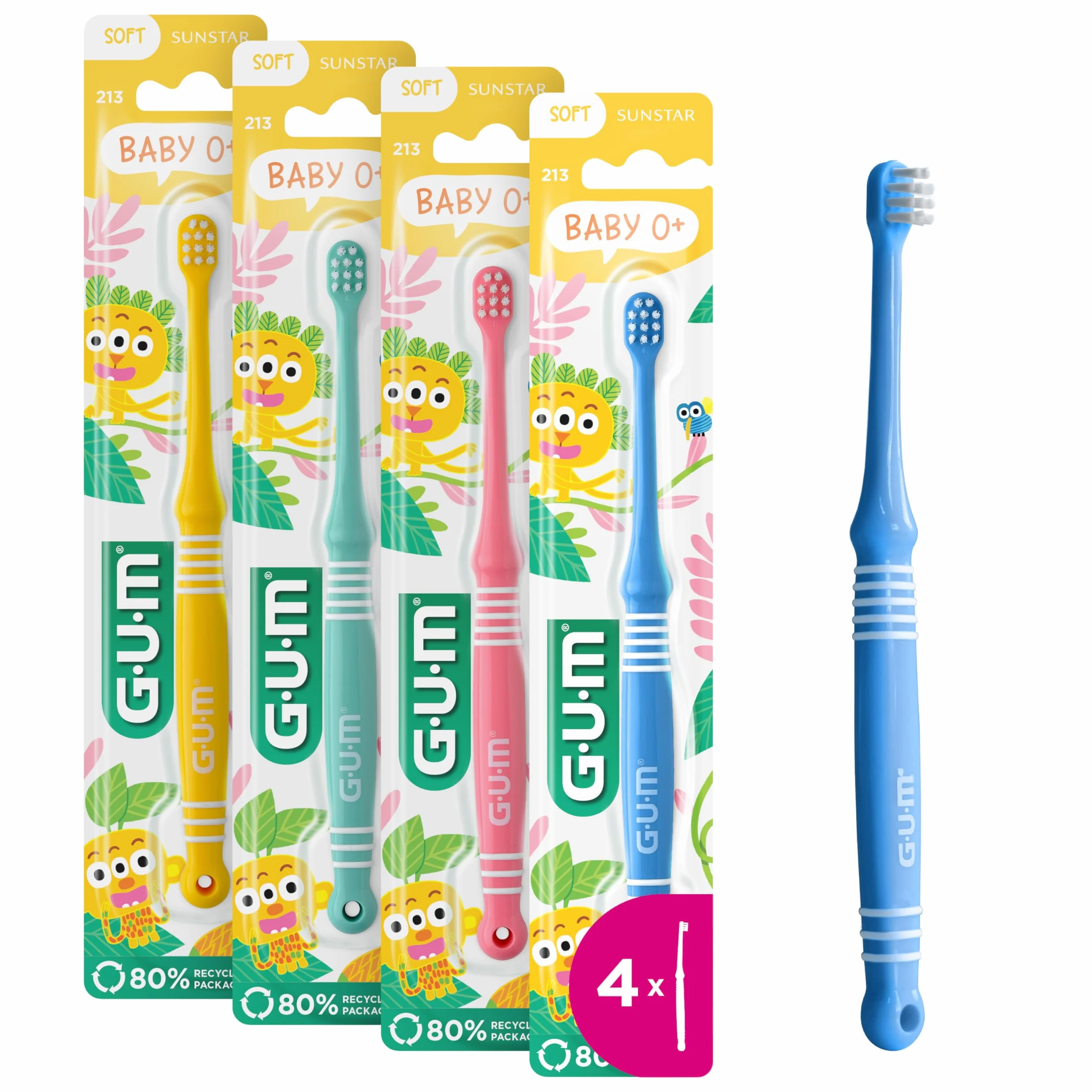 GUM Spazzolino da denti per bambini, testa extra piccola per la bocca del bambino, setole morbide, manico più lungo, per età 0-2 anni, 4 x 1 pezzo