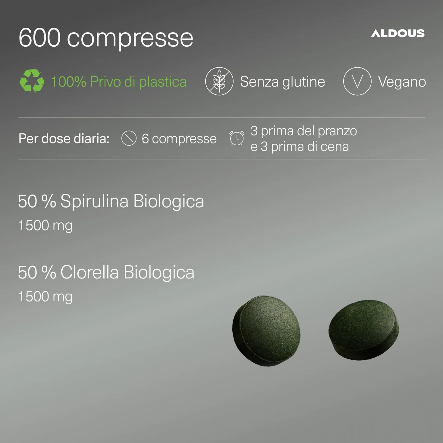 ALDOUS Spirulina e Clorella Bio 1800mg 600 Compresse Detox Energia Immunità Vegan