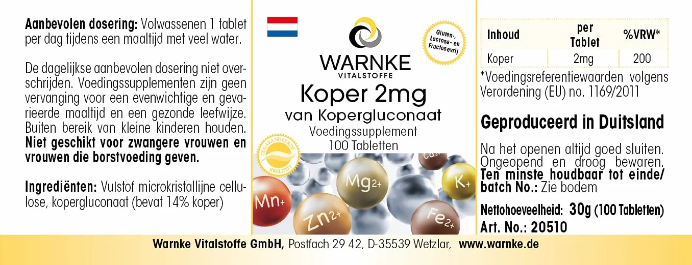 Rame 2mg integratore - Gluconato di rame - 100 compresse - Sostanza pura | Warnke Vitalstoffe - Qualità da farmacia tedesca