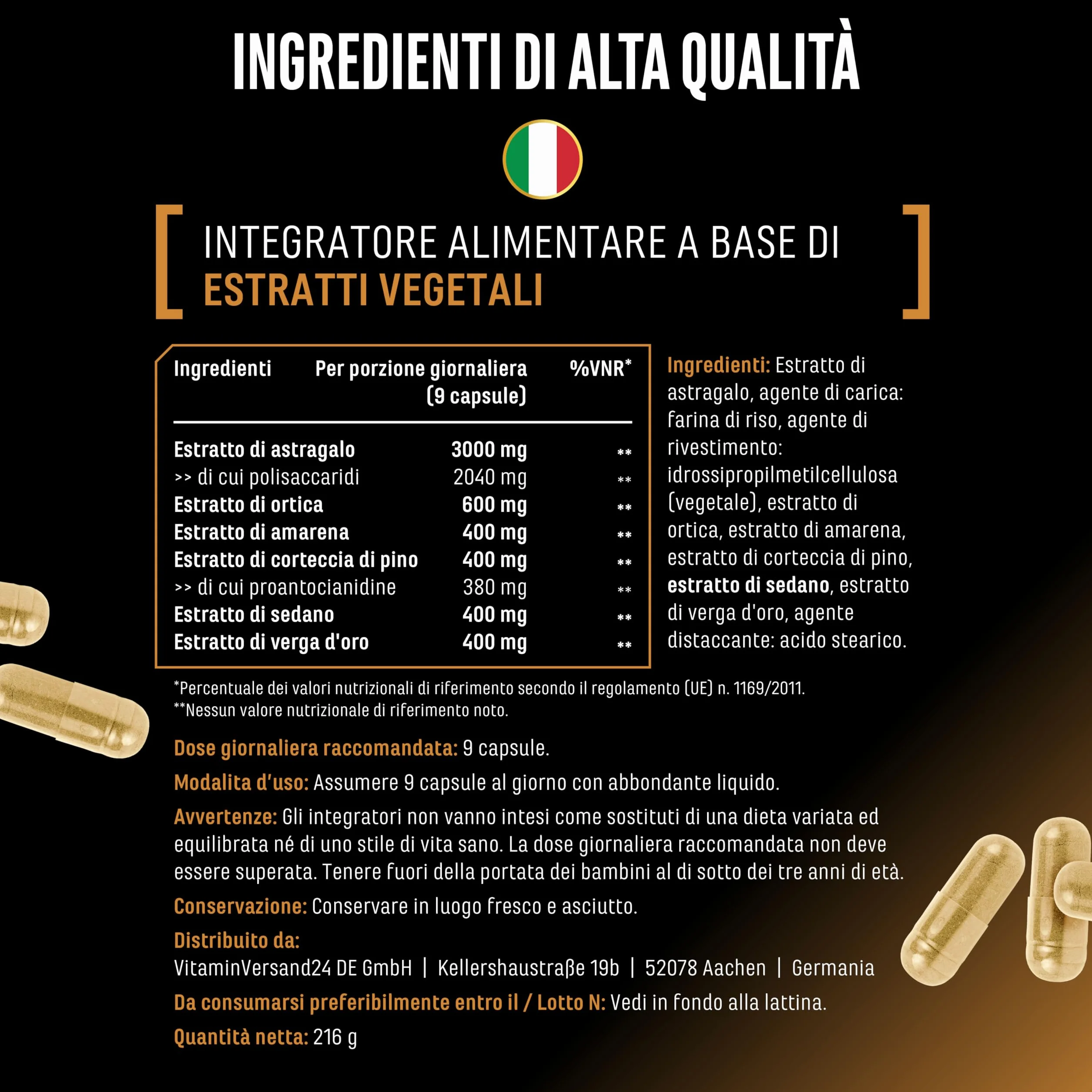 Complesso Botanical Flush ad Alto Dosaggio con Astragalo, Ortica, Amarena, Corteccia di Pino, Sedano e Verga d'Oro - 270 Capsule Vegane