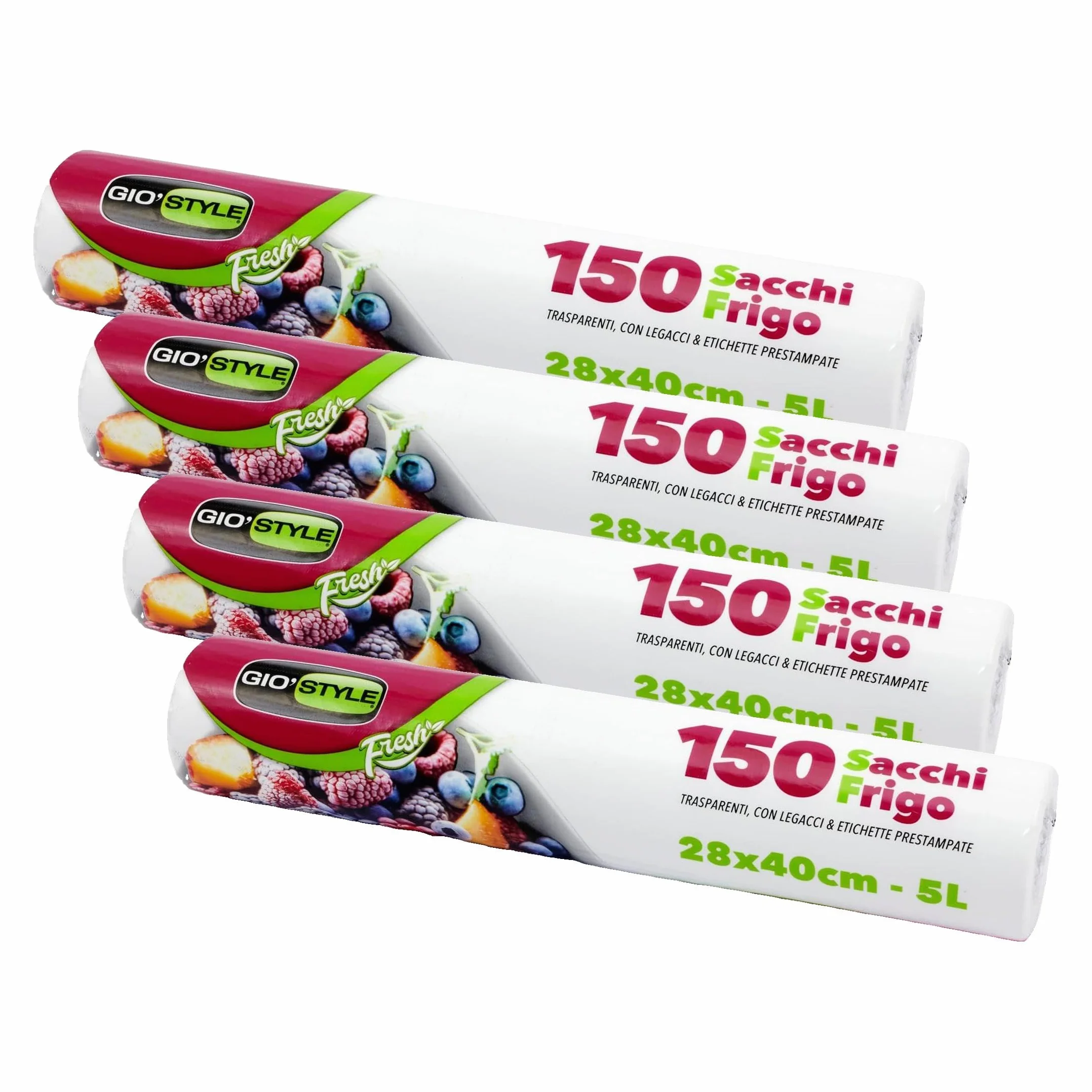 GIO'STYLE 150 sacchetti freezer in rotolo Fresh | 28x40 cm / 5 lt | Ultra resistenza | Etichetta prestampata su ogni sacchetto (Confezione da 4)