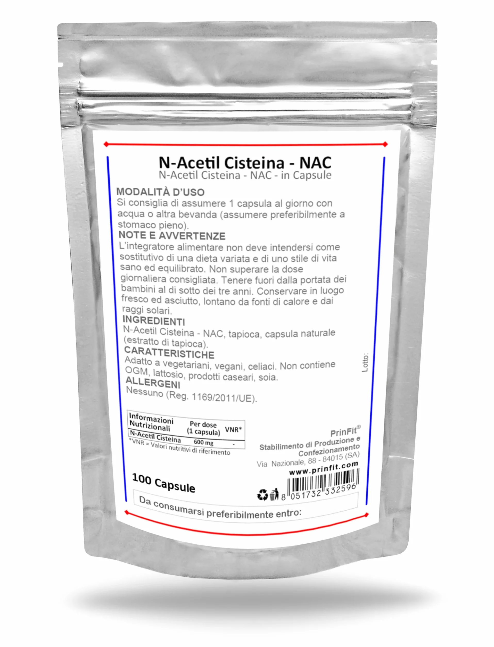N-Acetil Cisteina - NAC 600mg - 100 Capsule | Integratore Alimentare Certificato | Senza Additivi | Made in Italy | Elevata biodisponibilità e tolleranza | Vegano | PrinFit
