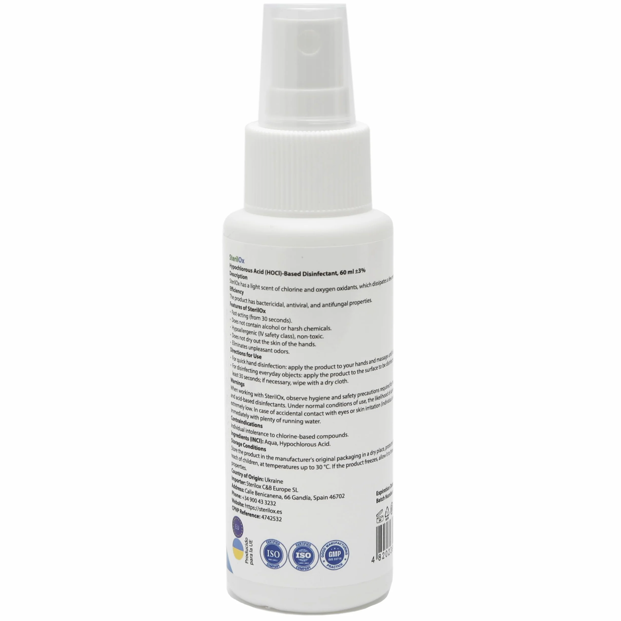 Spray cosmetico antisettico 60 ml senza alcool senza profumo con acido ipocloroso HOCl per mani giocattoli piatti