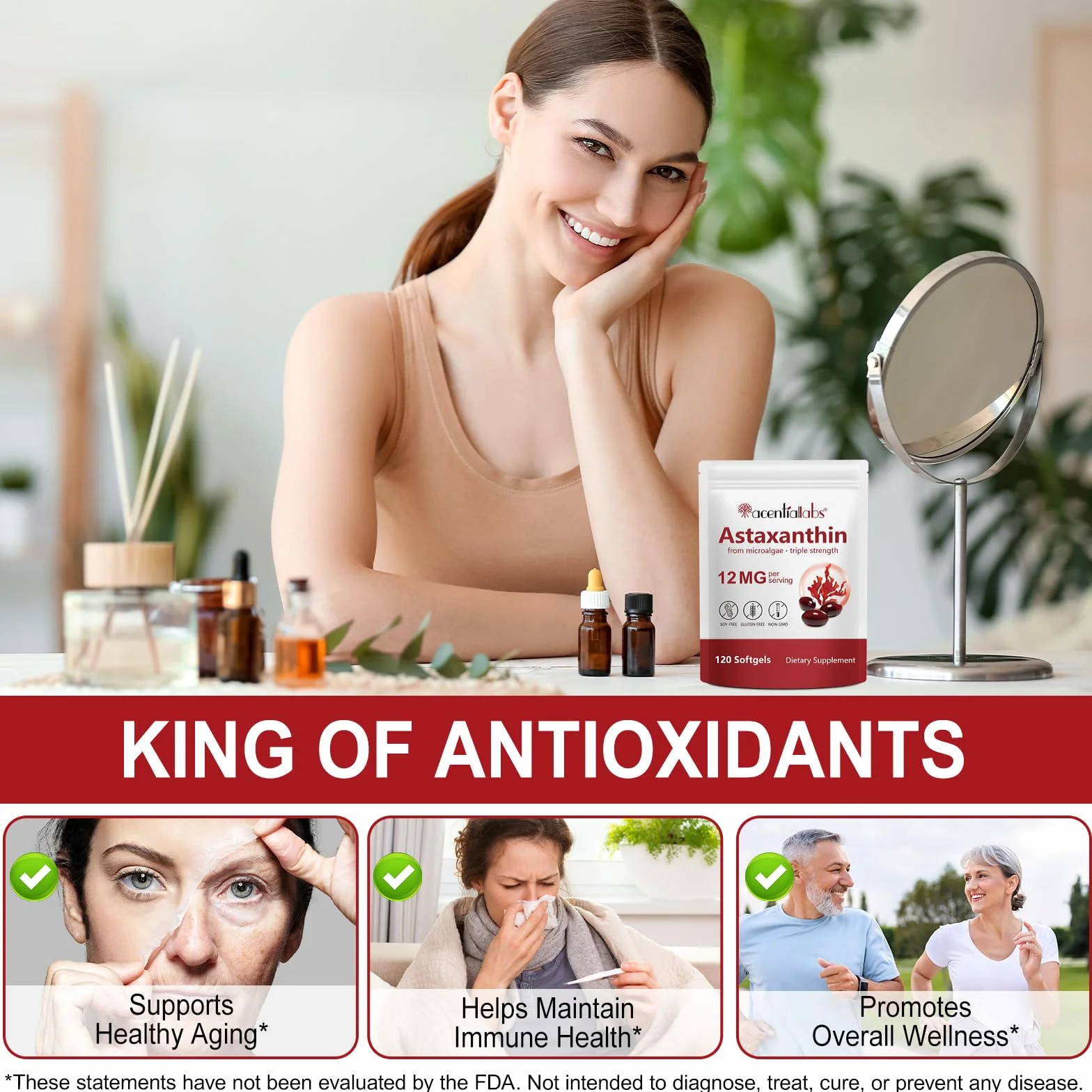 Astaxantina 12 mg 120 Softgel Integratore Antiossidante Tripla Forza Da Microalghe Fresche