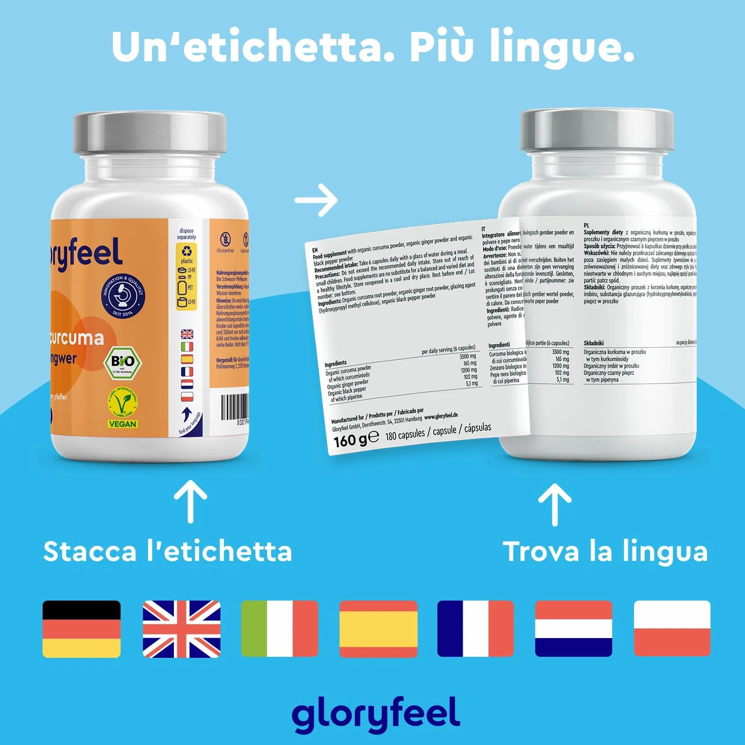 Curcuma Alto Dosaggio 3330 mg 180 Capsule Curcumina Pepe Nero Zenzero Integratore Bio Antiossidante