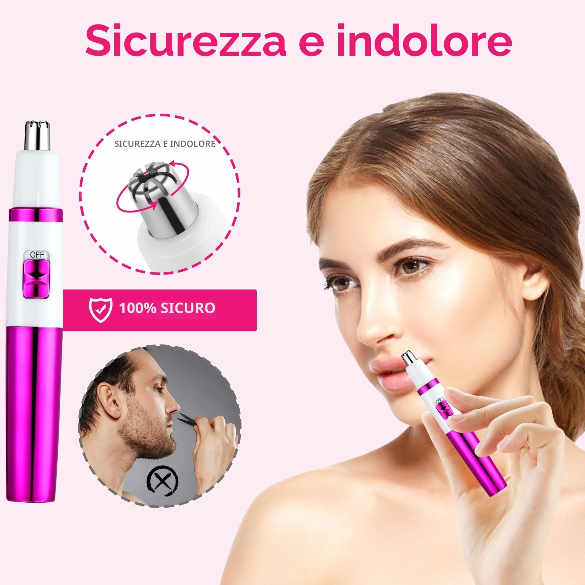 NUMIFUN Rasoio per da naso da donna, senza dolore, per orecchie e naso, per sopracciglia, orecchio, nasos, professionale, impermeabile, oro rosa