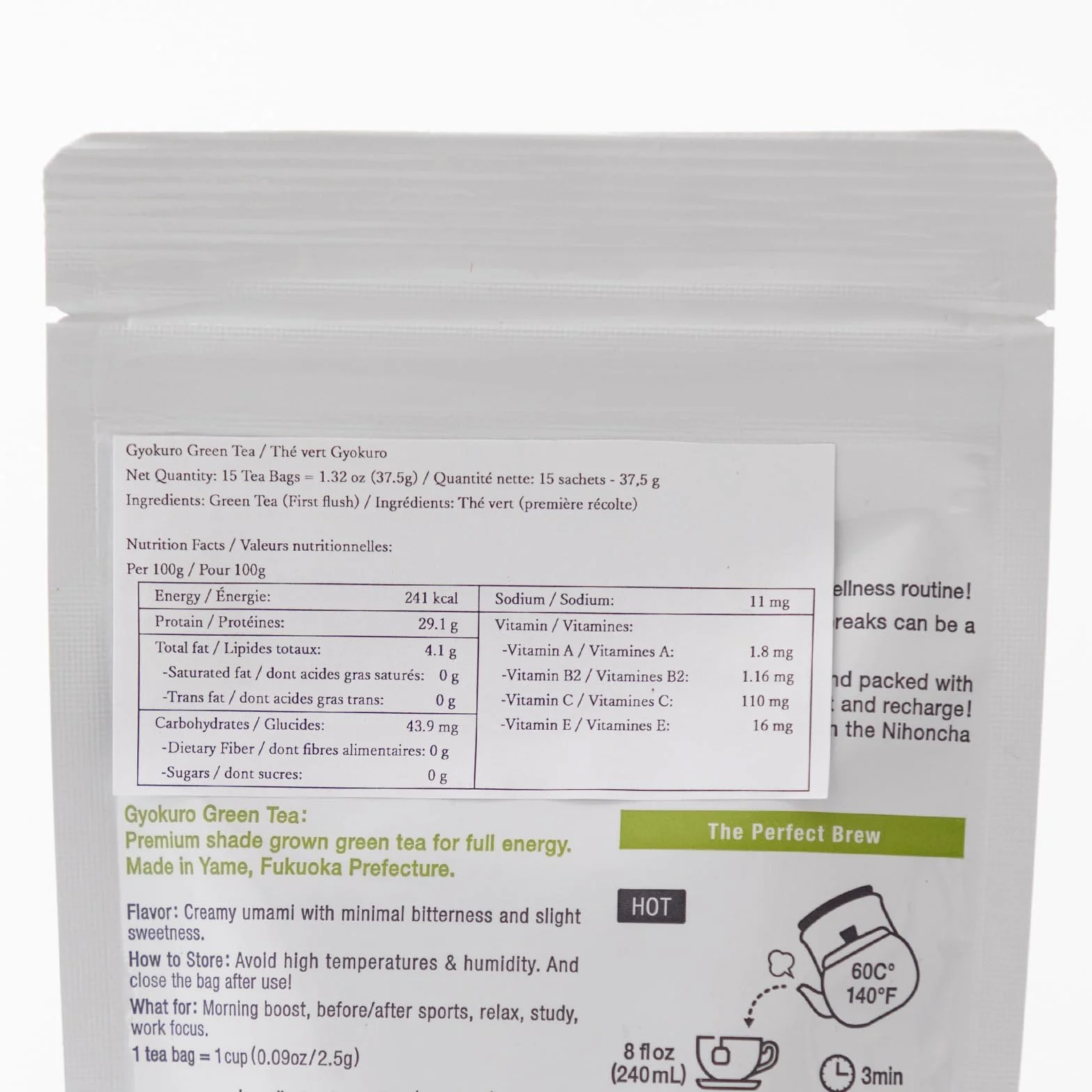 Asayu Japan Tè Verde Giapponese Gyokuro15 Bustine - Tè Verde Giapponese Premium Coltivato all'Ombra 2,5 gr x 15 bustine per Energia e Sprint Mattutino (Tè Verde Gyokuro)
