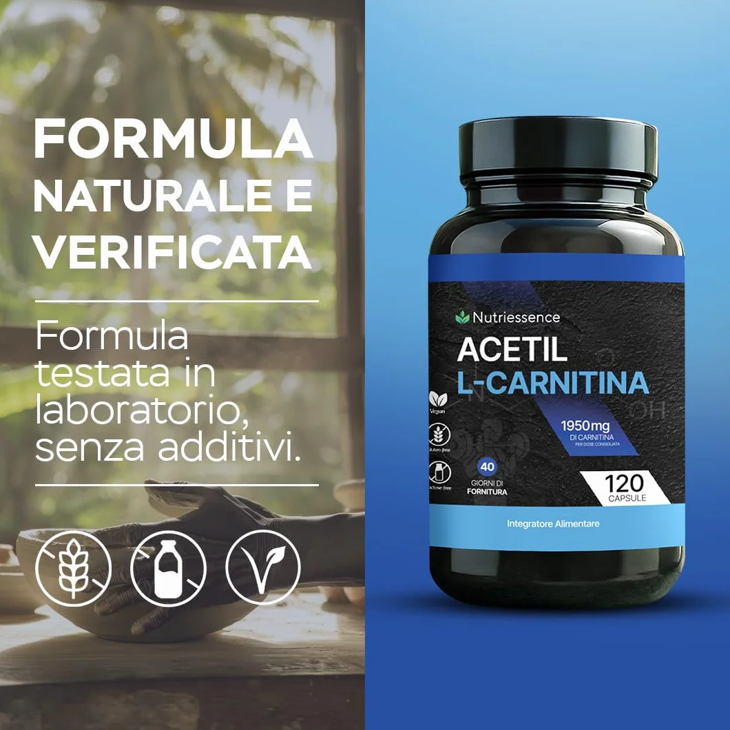 Acetil L-Carnitina 1950 mg 120 Compresse Integratore Energia Metabolismo Concentrazione Forza Mentale Senza Glutine Lattosio