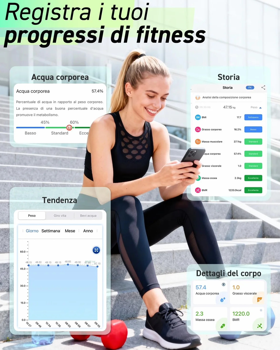INSMART Bilancia Pesapersone Digitale Professionale Bluetooth 180KG 16 Indici