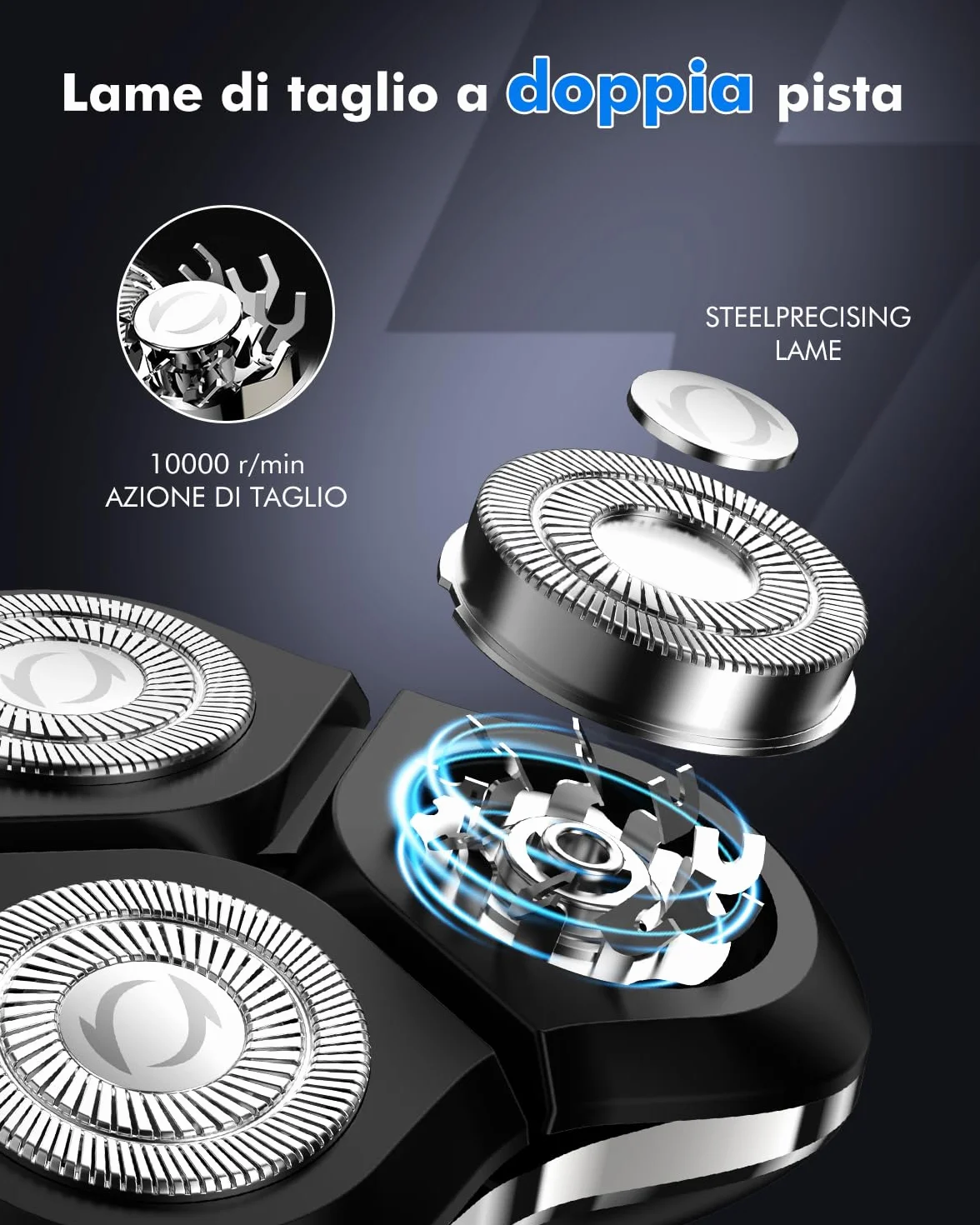 Rasoio Elettrico Barba Uomo IPX7 3D Rotativo con Display LED Wet & Dry Set 3 in 1