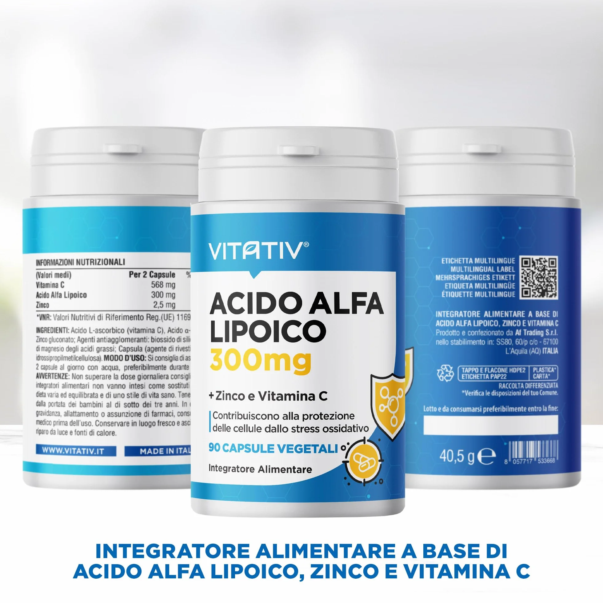 VITATIV Acido Alfa Lipoico ALA 300mg + Vitamina C e Zinco 90 Capsule Vegetali Antiossidante Made in Italy