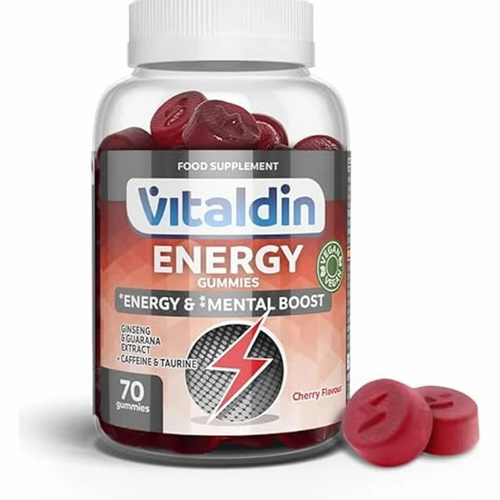 VITALDIN Energy Gummies 70 Caramelle Energetiche con Ginseng, Guaranà, Caffeina e Taurina gusto Ciliegia Vegano