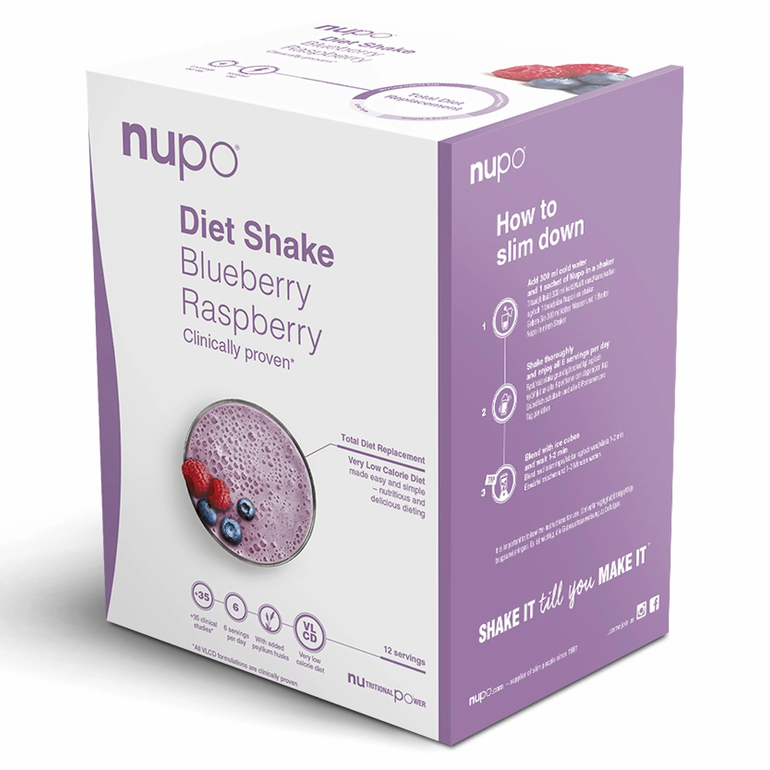 NUPO Diet Shake Mirtillo-Lampone - Frullati dietetici premium per la gestione del peso I Frullato sostitutivo del pasto, clinicamente testato per il controllo del peso I 12 porzioni I Senza OGM