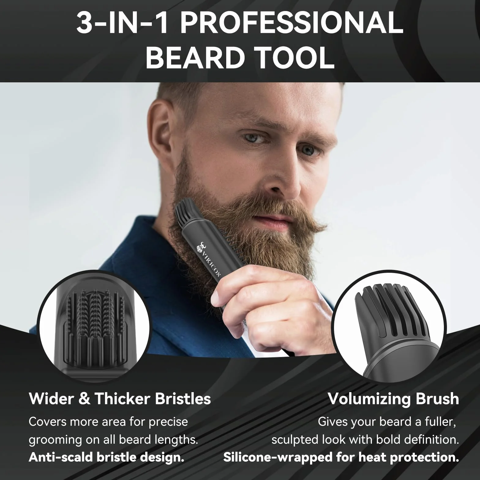 VIKICON Spazzola 3 in 1 per Uomo, Pettine Professionale Con Volumizzatore, 4 Livelli di Calore (120-220℃), Piastra Lisciante per Barba Agli Ioni, Spazzola per Casa/Viaggio