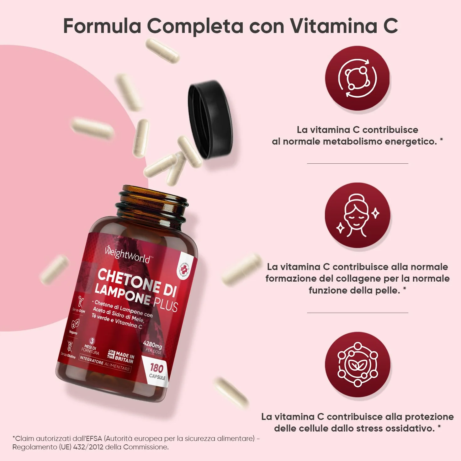 Chetoni Esogeni Plus 4280mg 180 Capsule Vegane, Estratto 20:1 Chetoni di Lampone Complex con Vitamina C, Aceto di Mele, Te Verde, Acai, Caffeina Anidra, Senza Glutine, OGM, UK