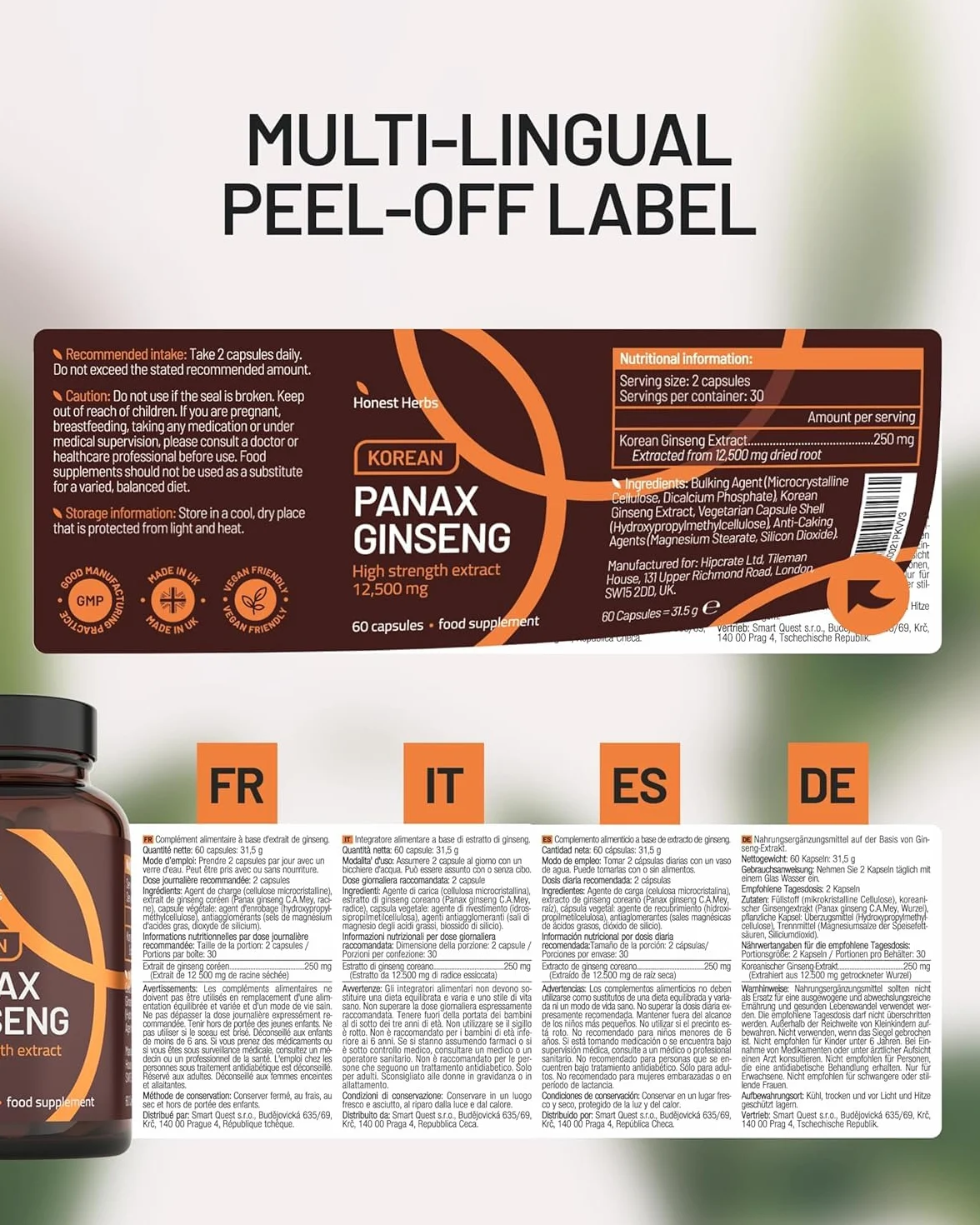 Panax Ginseng Rosso Coreano 12.500 mg 30% Ginsenosidi 60 Capsule Integratore Vegano