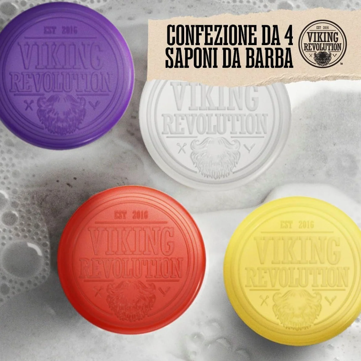 Viking Revolution Sapone da Barba Uomo - Sapone da Rasatura per Uso con Spazzola e Ciotola - Rasatura a Umido più Morbida - Confezione Assortita da 4 Saponette per Rasatura da 70 g.