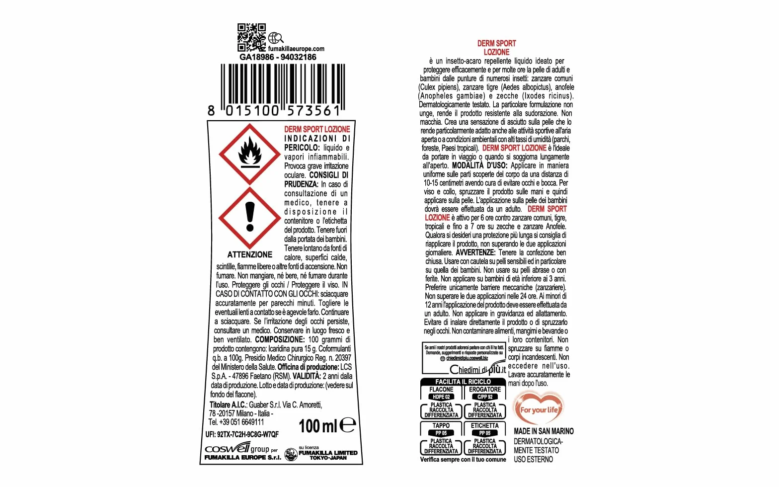 Vape Derm Sport - Lozione Antipuntura Resistente al Sudore, Non Unge, Protezione 6 Ore da Zanzare e 7 Ore da Zecche, Ideale per Attività Sportive All'Aperto, Confezione da 100ml