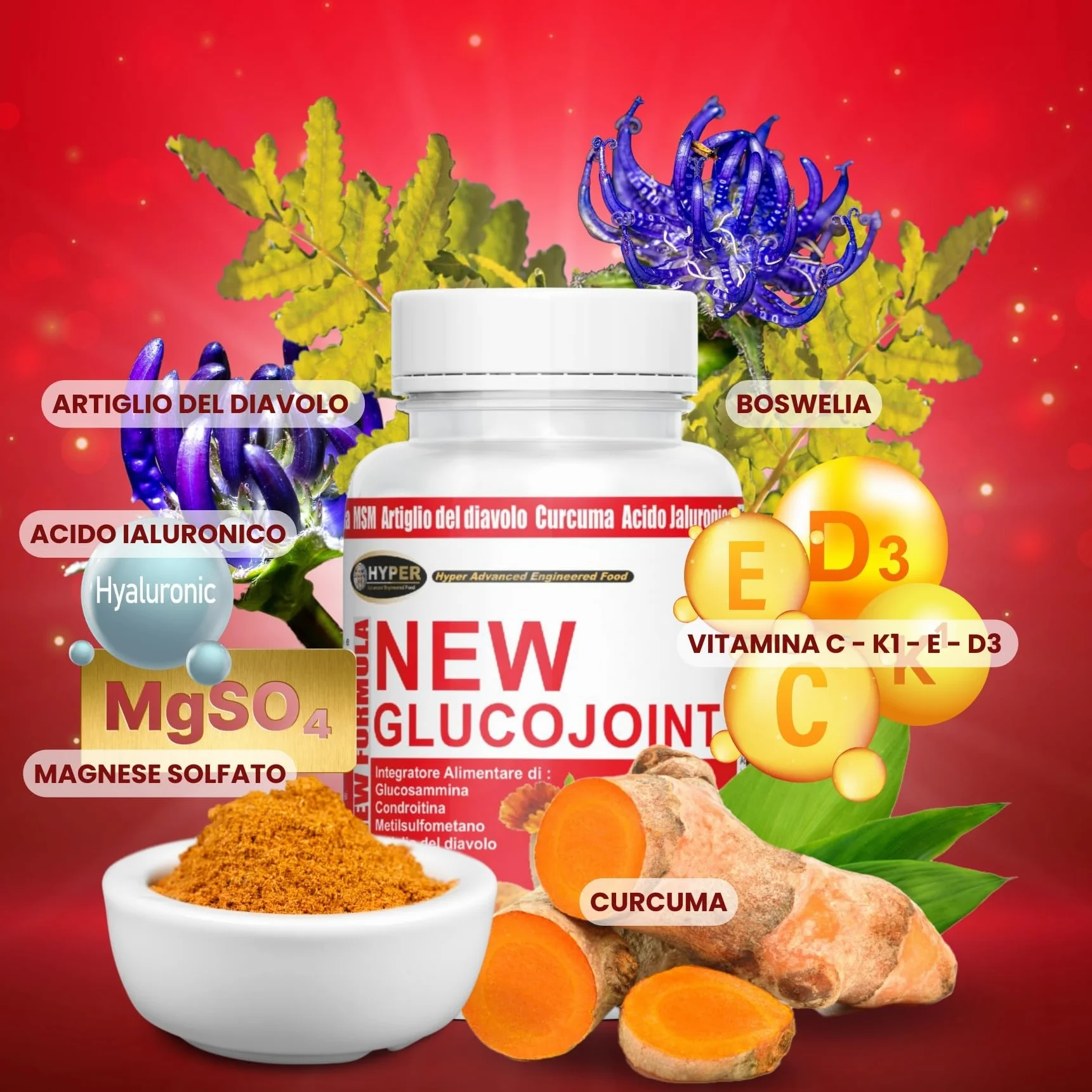 Hyper Glucojoint Integratore Alimentare | con Glucosamina Condrotina MSM, Artiglio del Diavolo Forte e Acido Ialuronico | 60 Compresse Prodotto in Italia