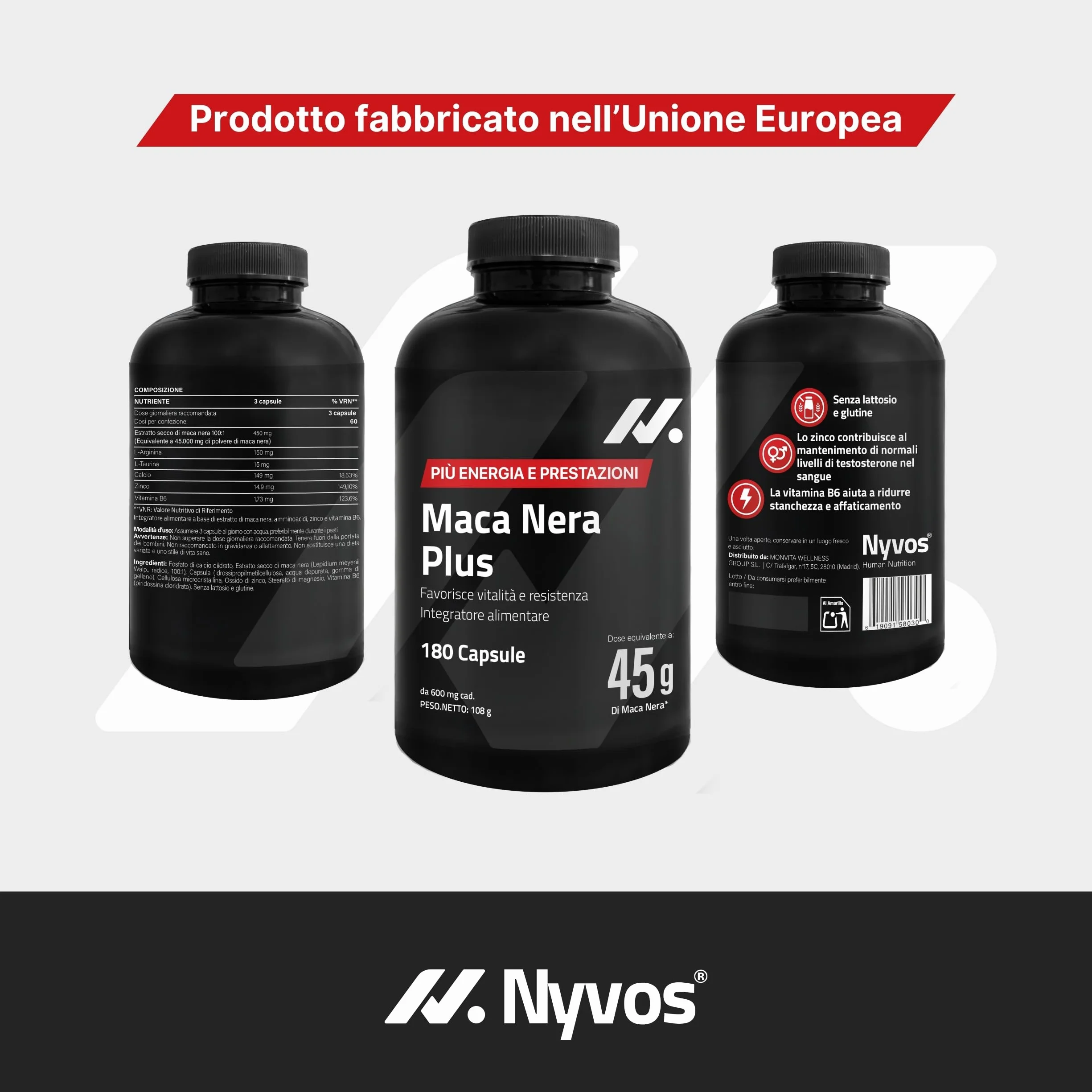 Maca Peruviana Plus – Maca Nera 45.000 mg Equivalenti (100:1), Arginina, Taurina, Vitamina B6 – Testosterone Uomo – 180 Capsule – Vegano, Senza Glutine né Lattosio – Pre workout, Energia e Muscoli