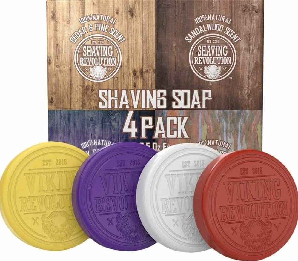 Viking Revolution Sapone da Barba Uomo - Sapone da Rasatura per Uso con Spazzola e Ciotola - Rasatura a Umido più Morbida - Confezione Assortita da 4 Saponette per Rasatura da 70 g.
