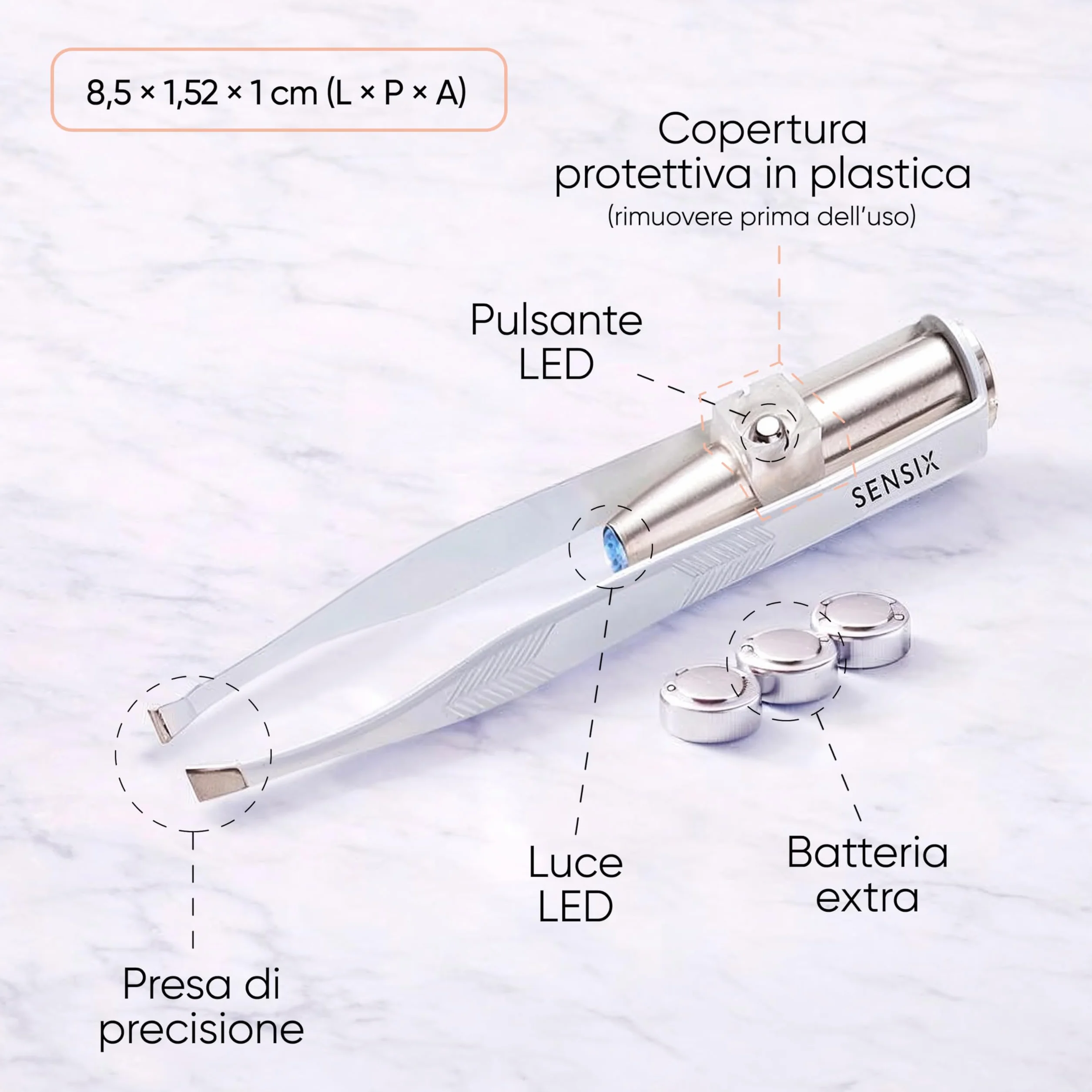 Sensica Pinzette Sopracciglia con Luce LED Professionali – Pinzette di Alta Precisione a Punta Obliqua in Acciaio Inox, Pinzette Luminose per Peli Incarniti e Viso, Idea Regalo Donna