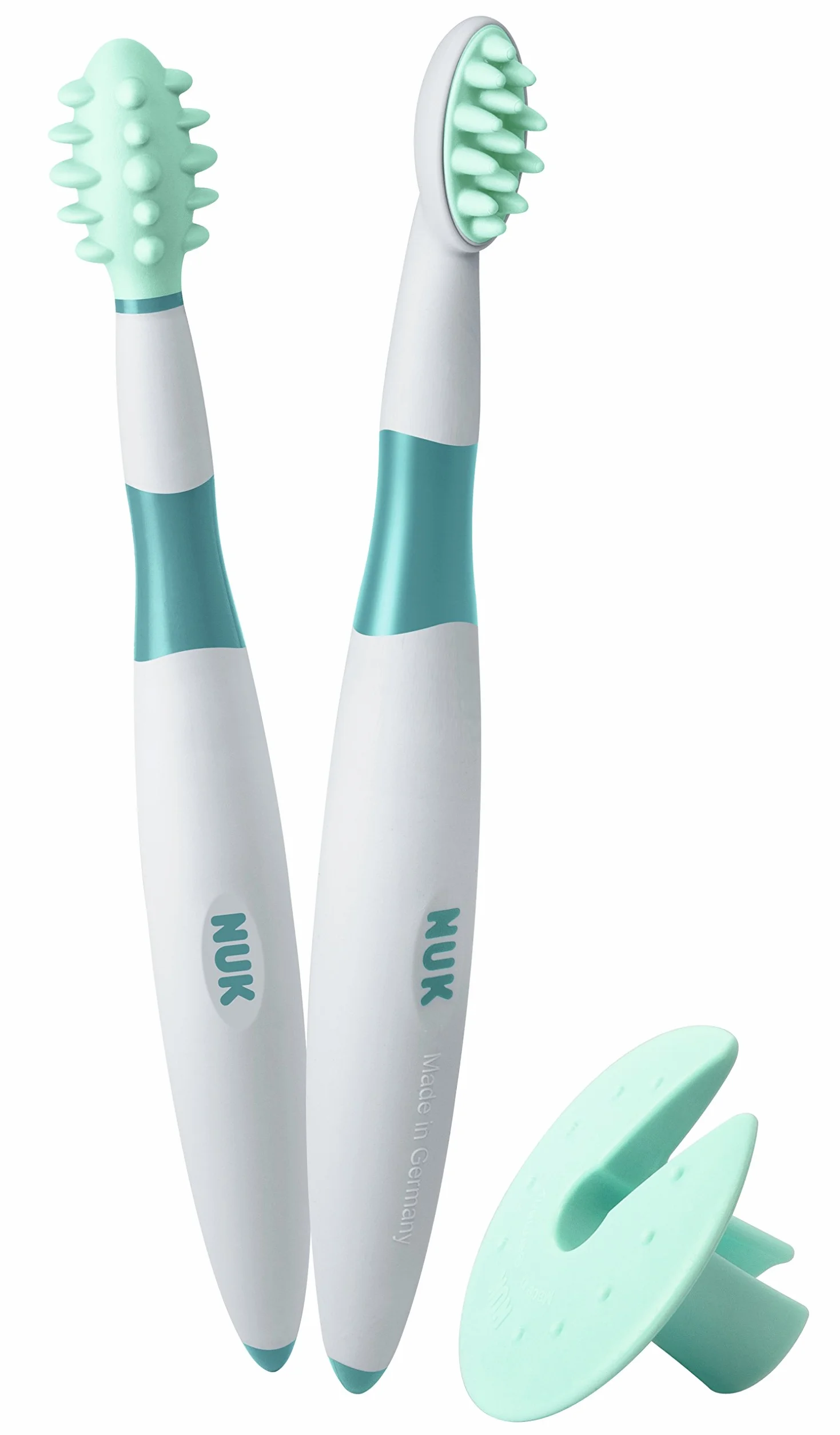 NUK Set di spazzolini da denti per imparare | 6+ mesi | Spazzolino da denti e spazzolino da denti per imparare per bambini | Anello protettivo e portaspazzolino | Senza BPA | 3 pz